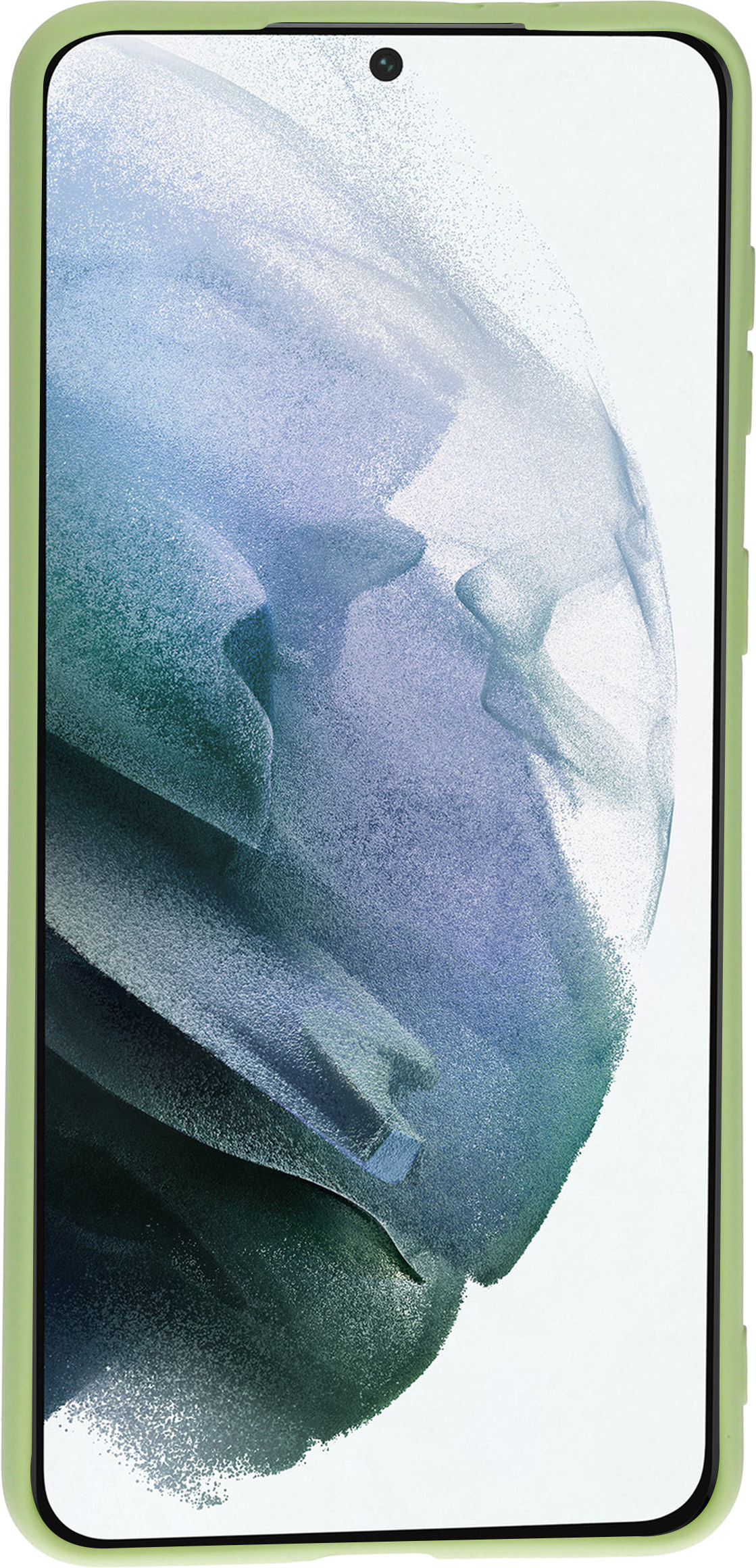 Telefoon in een groene hoes. Het scherm toont een lichtgroene en blauwe vage achtergrond.