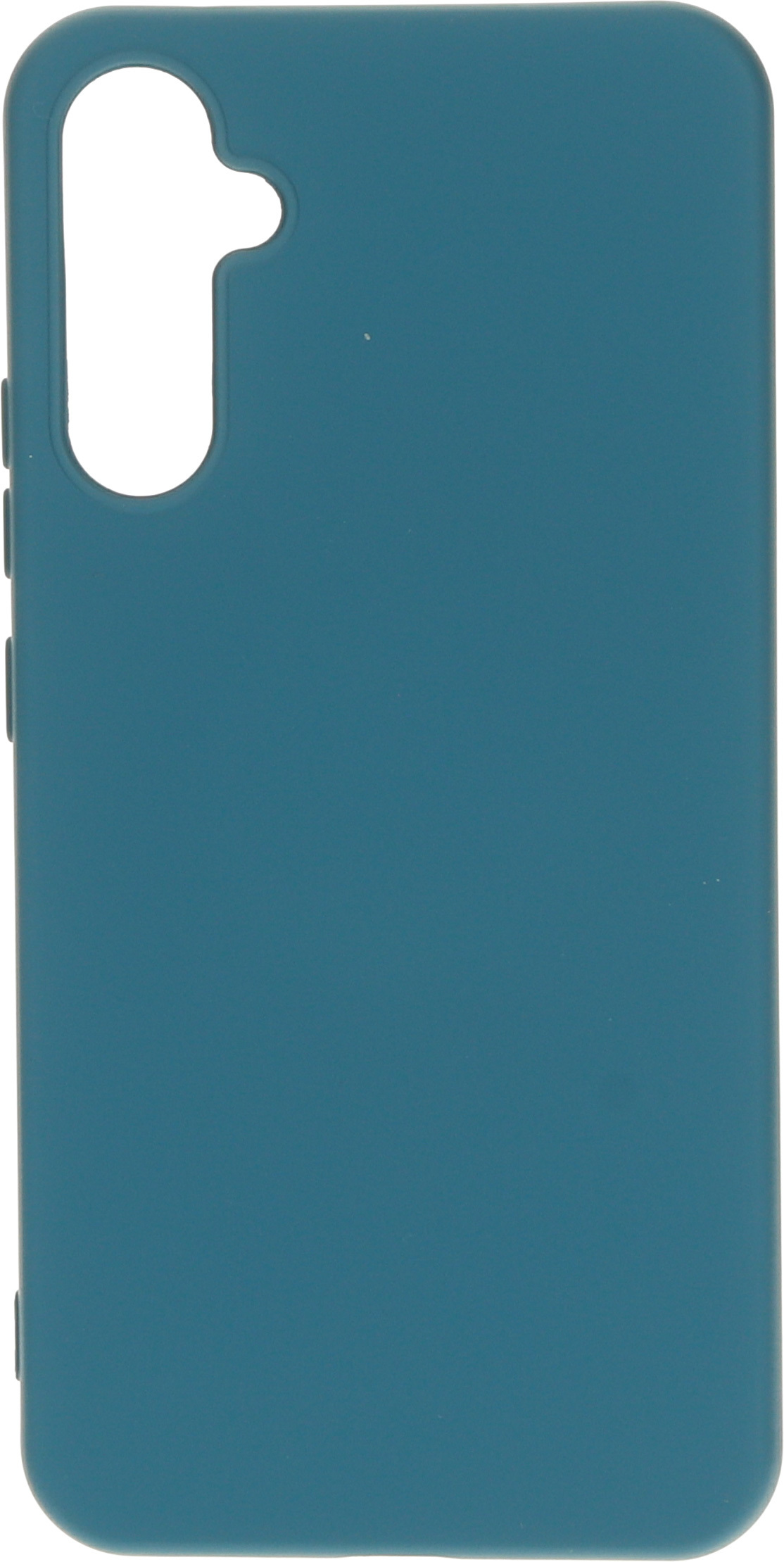 Een blauwgroene telefoonhoes, met een camera-uitsparing en knoopsgaten, tegen een witte achtergrond.