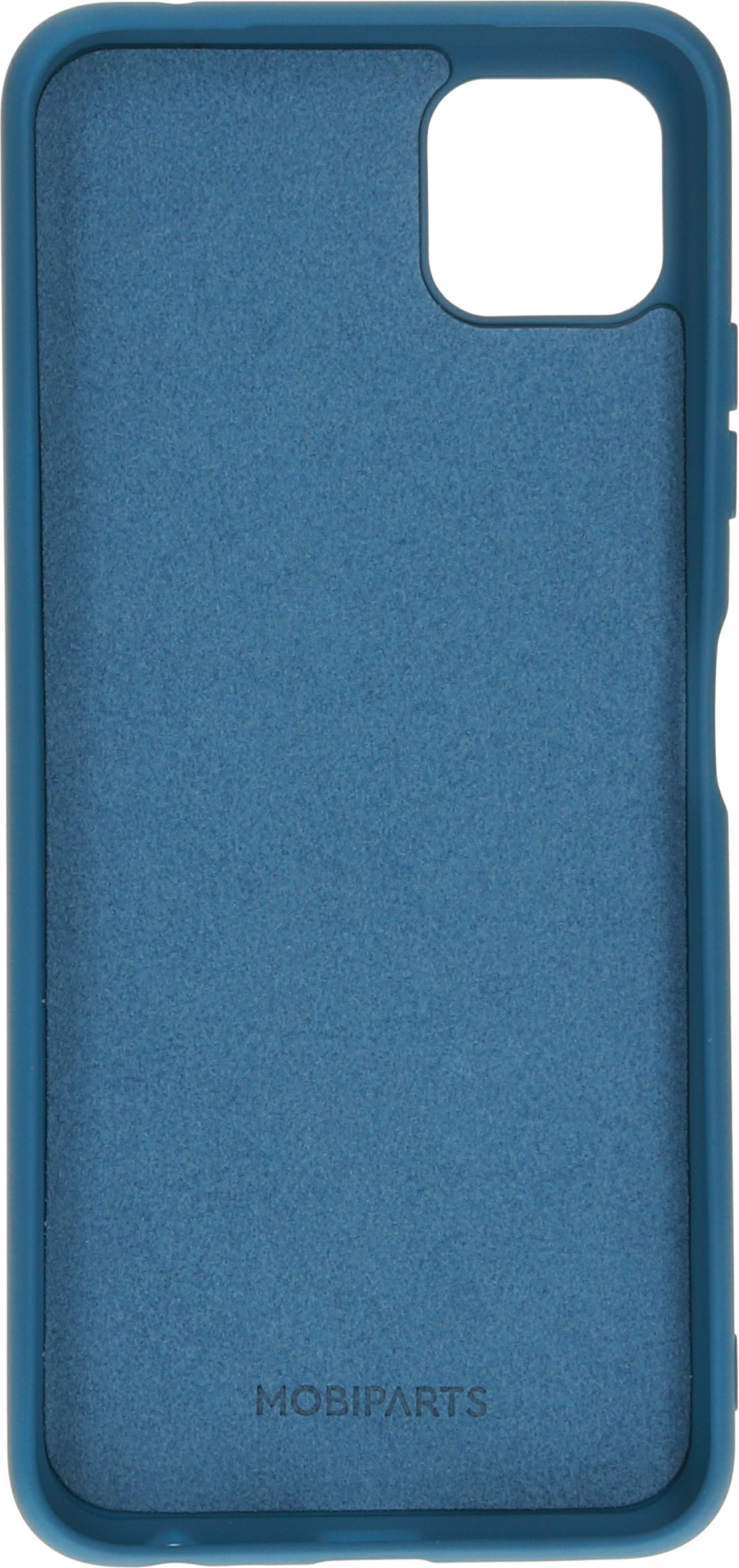 Binnenkant van een blauwe telefoonhoes. De hoes is blauw en heeft het woord MOBIPARTS erop gedrukt.