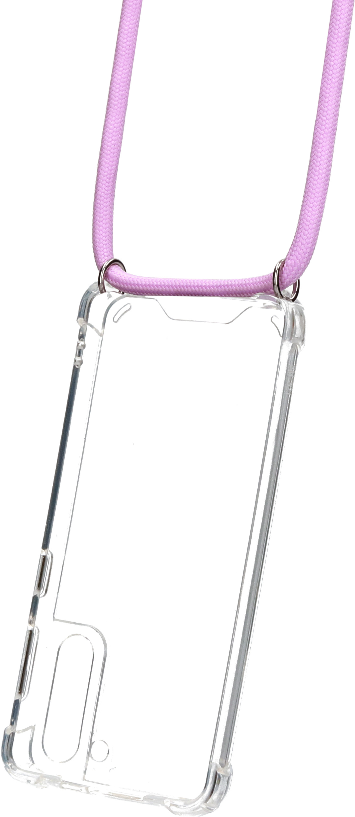 Transparante telefoonhoes met een roze touw, hangend.