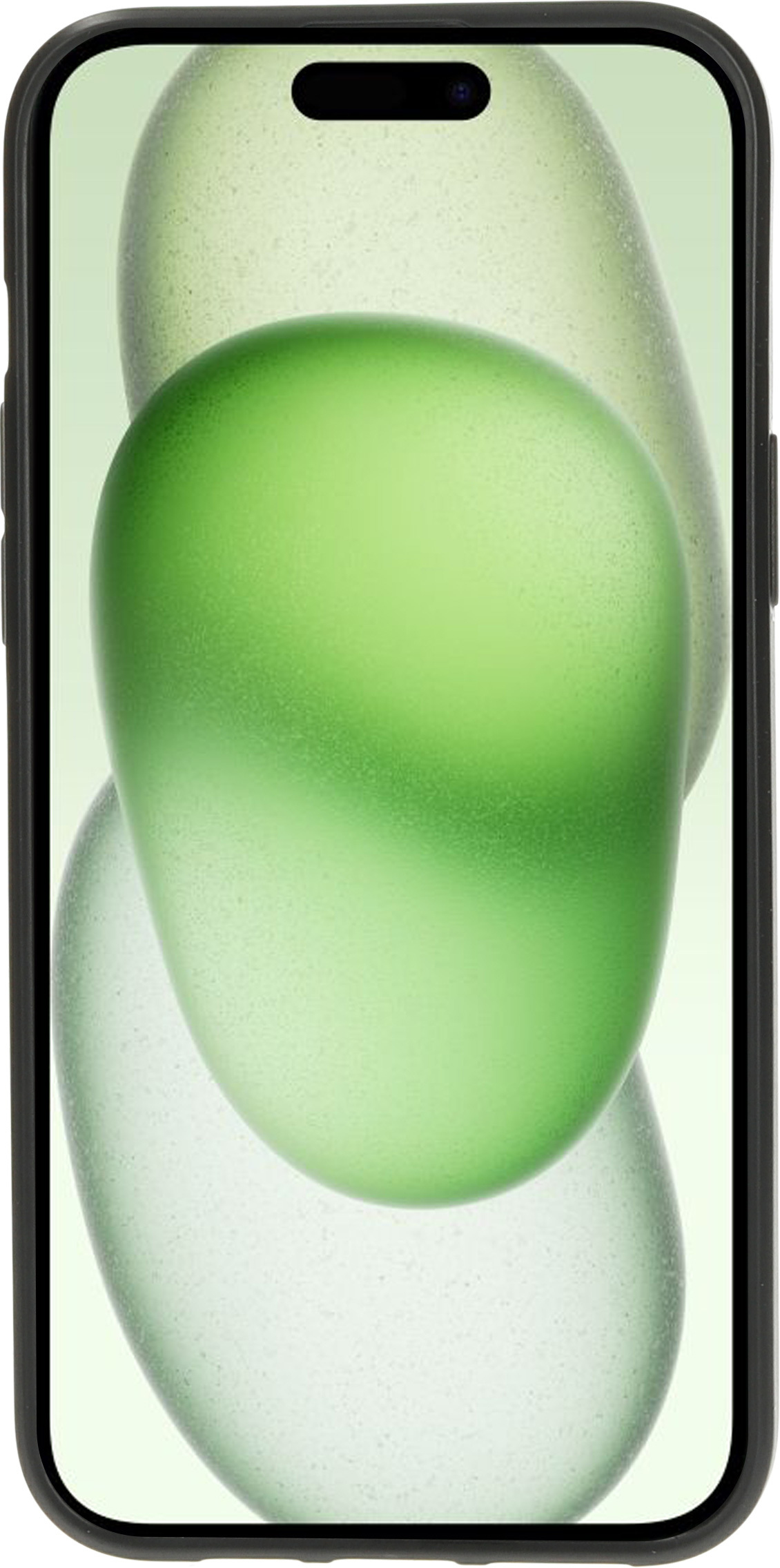 Telefoon in een zwarte hoes, met een groen abstract ontwerp op het scherm.