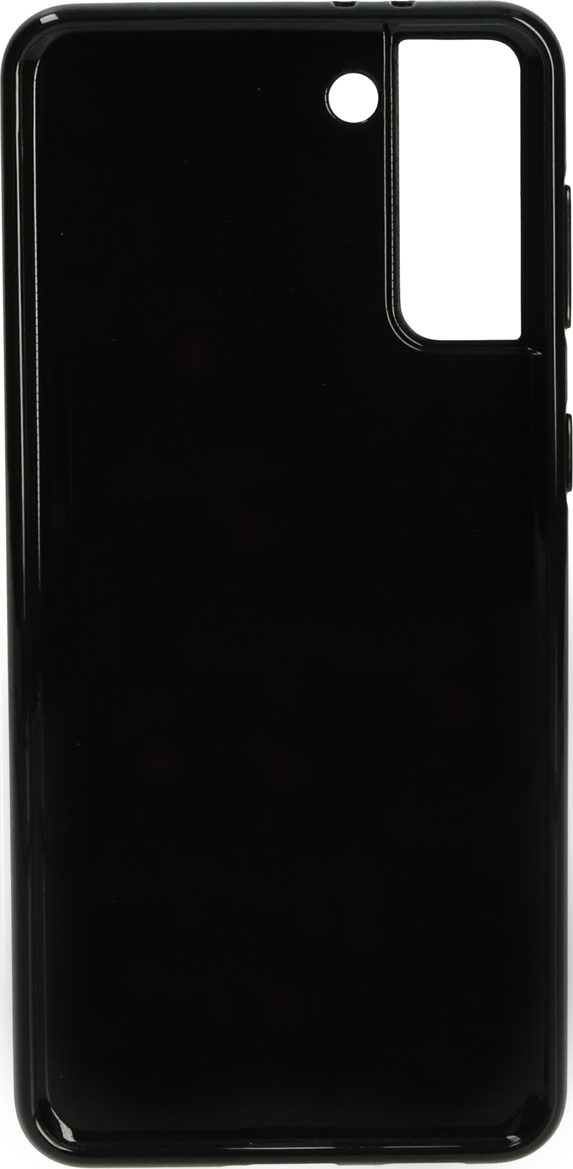 Zwarte telefoon in een zwarte hoes. De achterkant heeft een uitsparing voor de camera. De telefoon is strak.