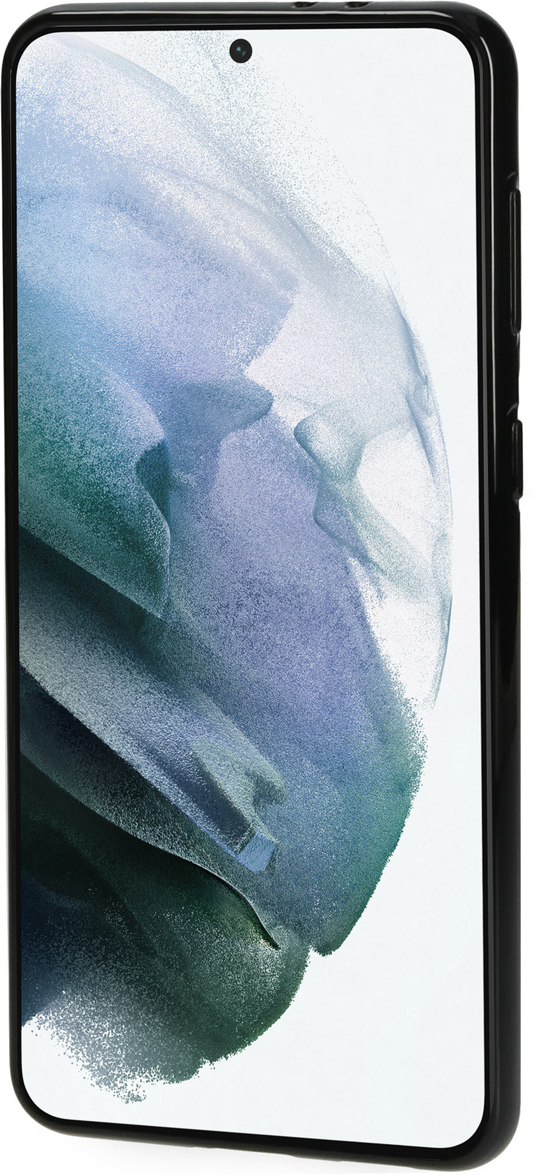 Een smartphone met een zwarte hoes, met een wit, blauw en paars ontwerp.