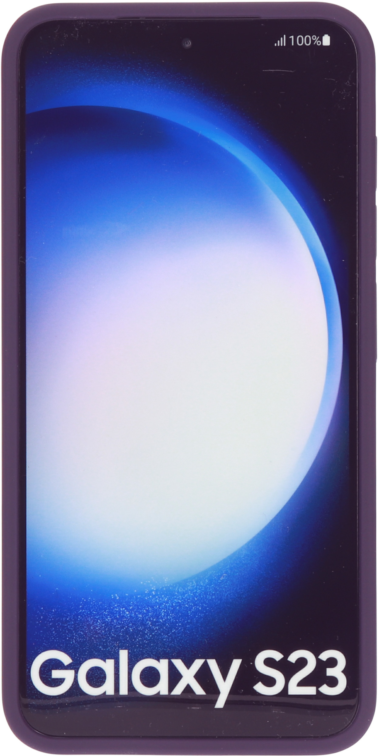 Een paarse telefoonhoes met een telefoon erin. De telefoon toont 'Galaxy S23' op het scherm.