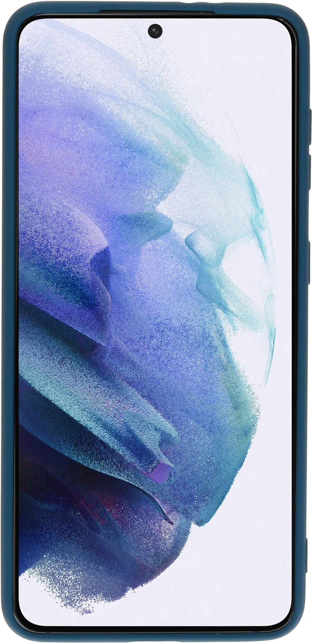 Telefoon in een blauwe hoes, met een blauw, paars en groen scherm.