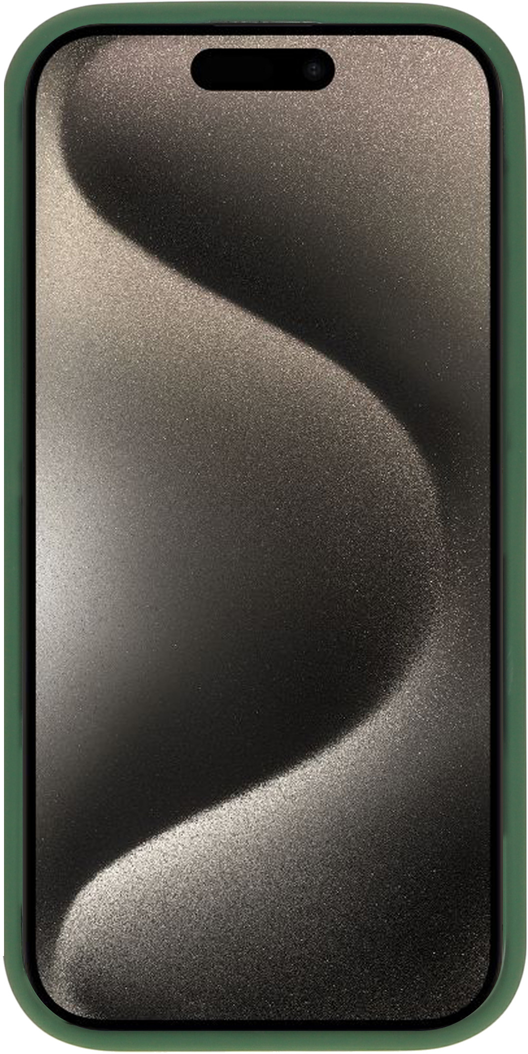 Telefoon met een donker golvend patroon op het scherm, groene hoes.