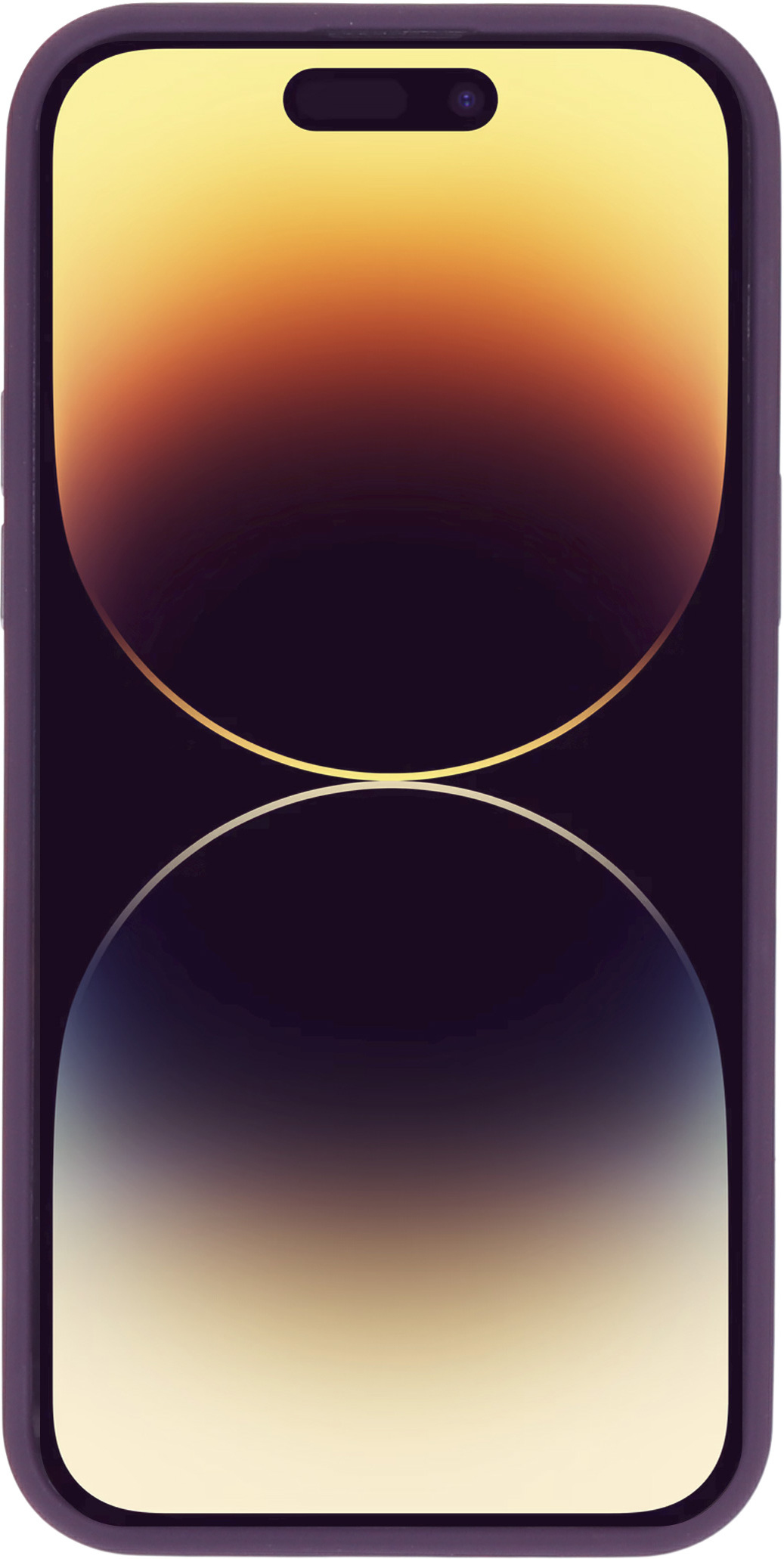Telefoon in paarse hoes. Scherm toont kleurengradiënt: geel, oranje, zwart.