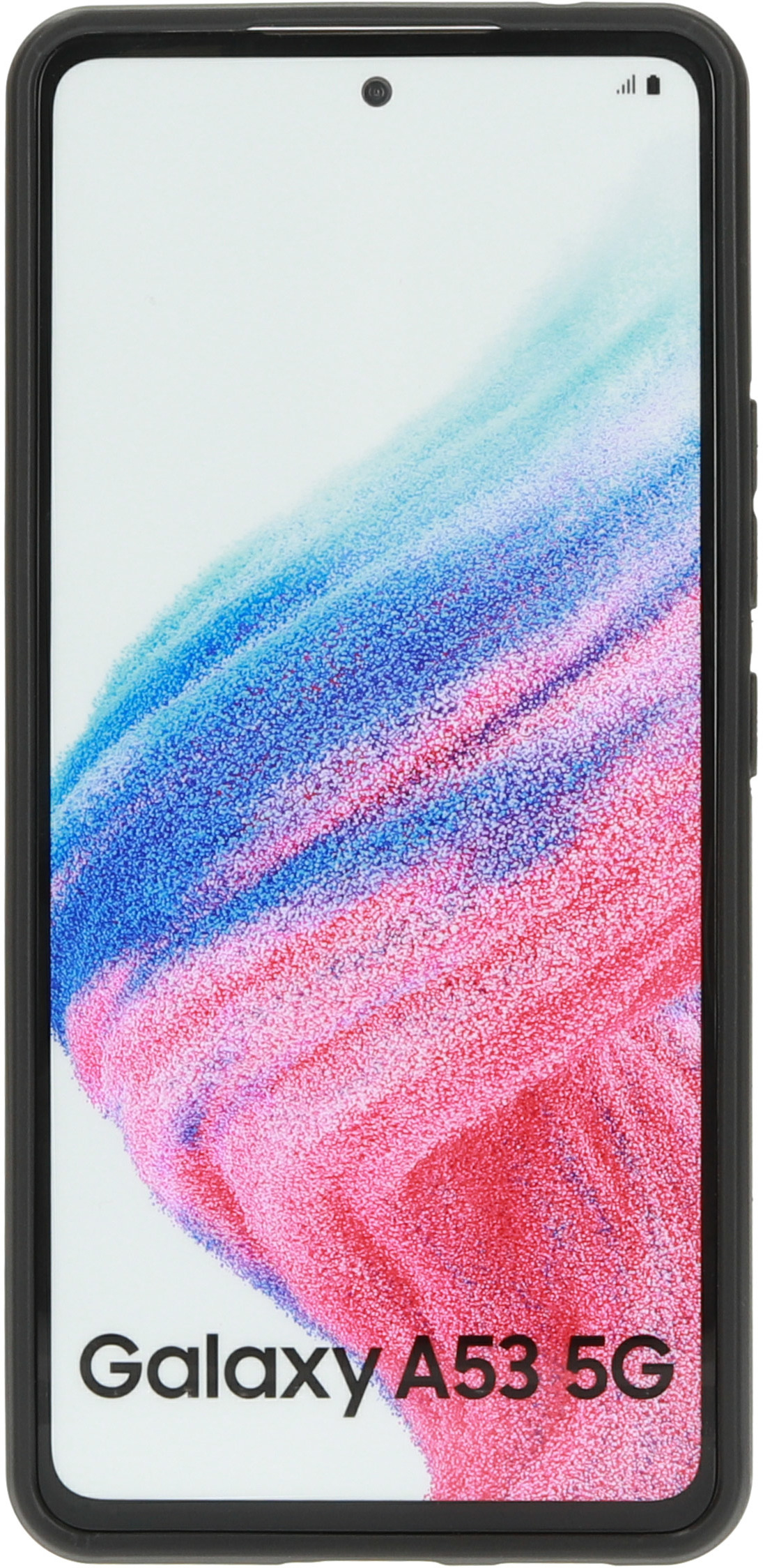 Phone with a pink and red abstract design on the screen, in a black case.