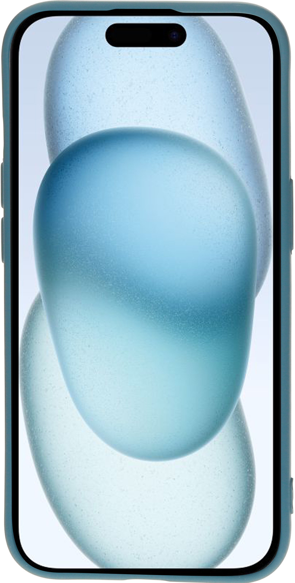 Telefoon met een turquoise hoes. Het scherm toont abstracte, blauwe, amorfe vormen.