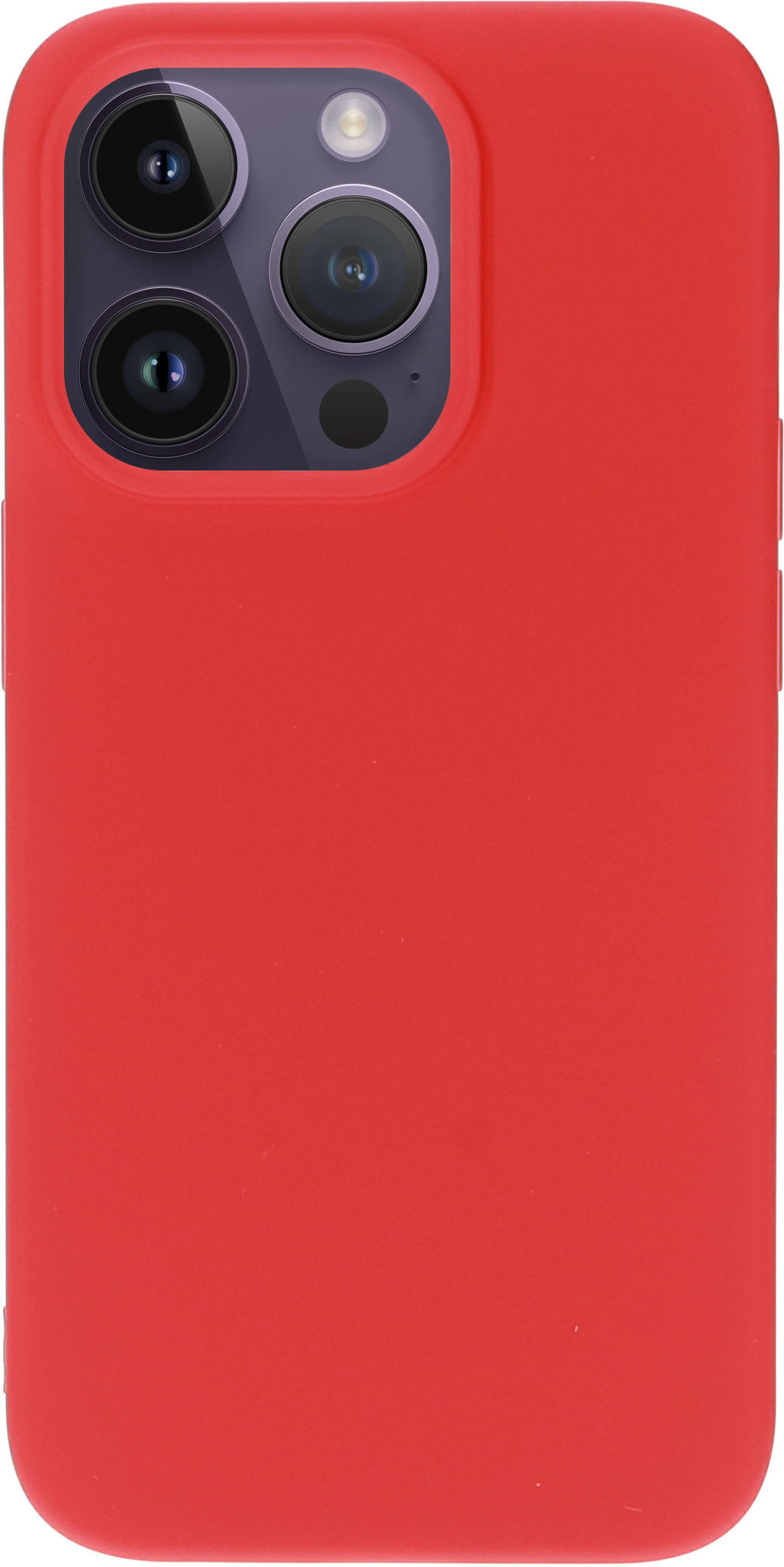 Een rode telefoonhoes met drie camera-uitsparingen. De telefoonhoes is glad.
