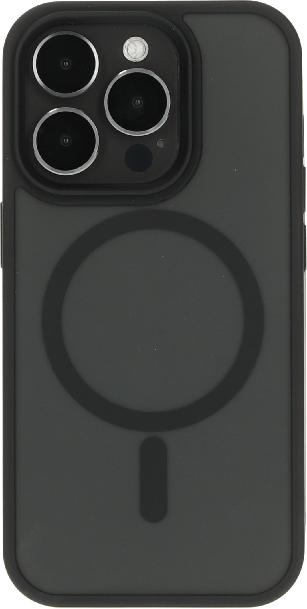 Een donkergrijze telefoonhoes met een magnetische ring en camera-uitsparingen.