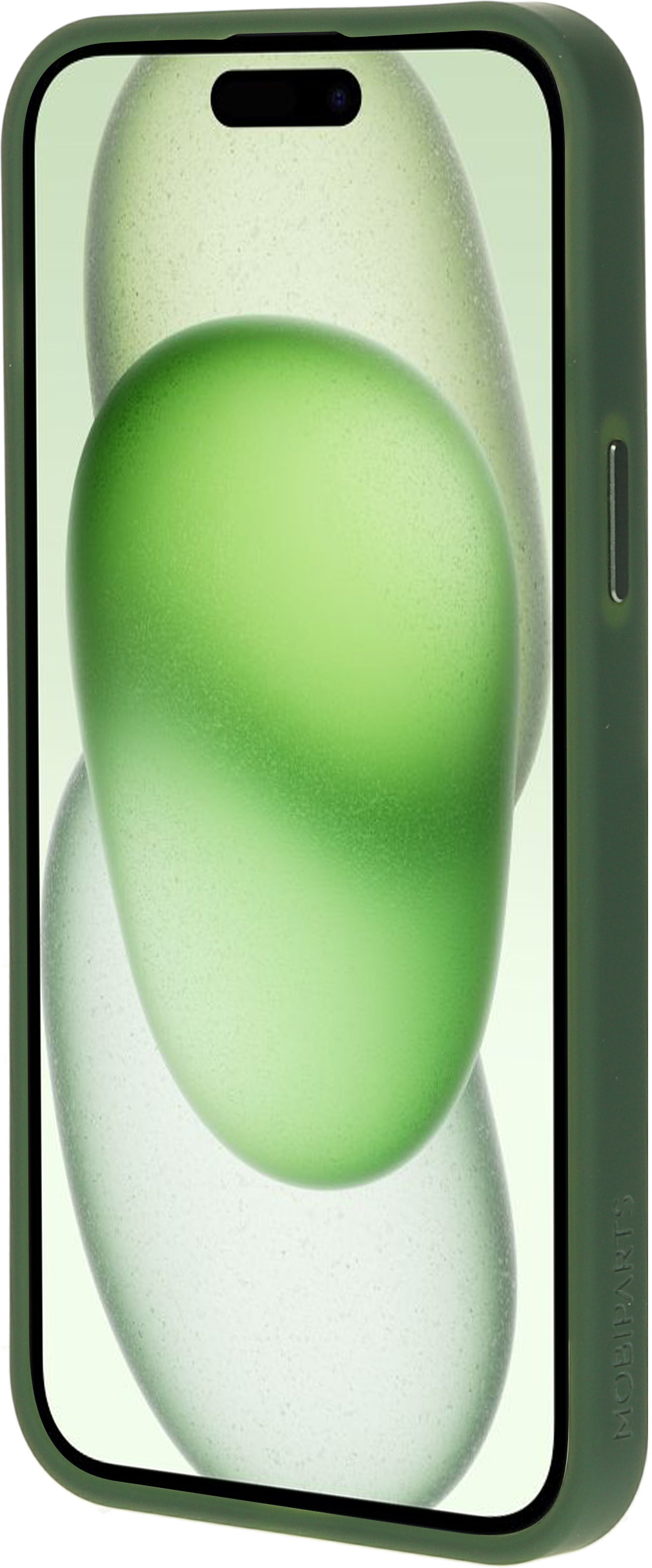 Telefoon met groene hoes, abstracte groene vormen op het scherm.