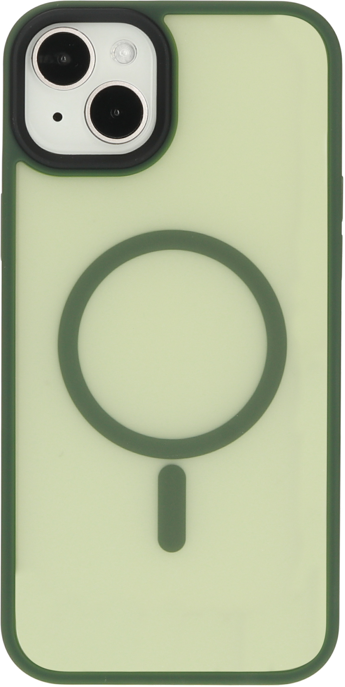 Groene telefoonhoes met een zwarte cameraring en een groene cirkel achterop.