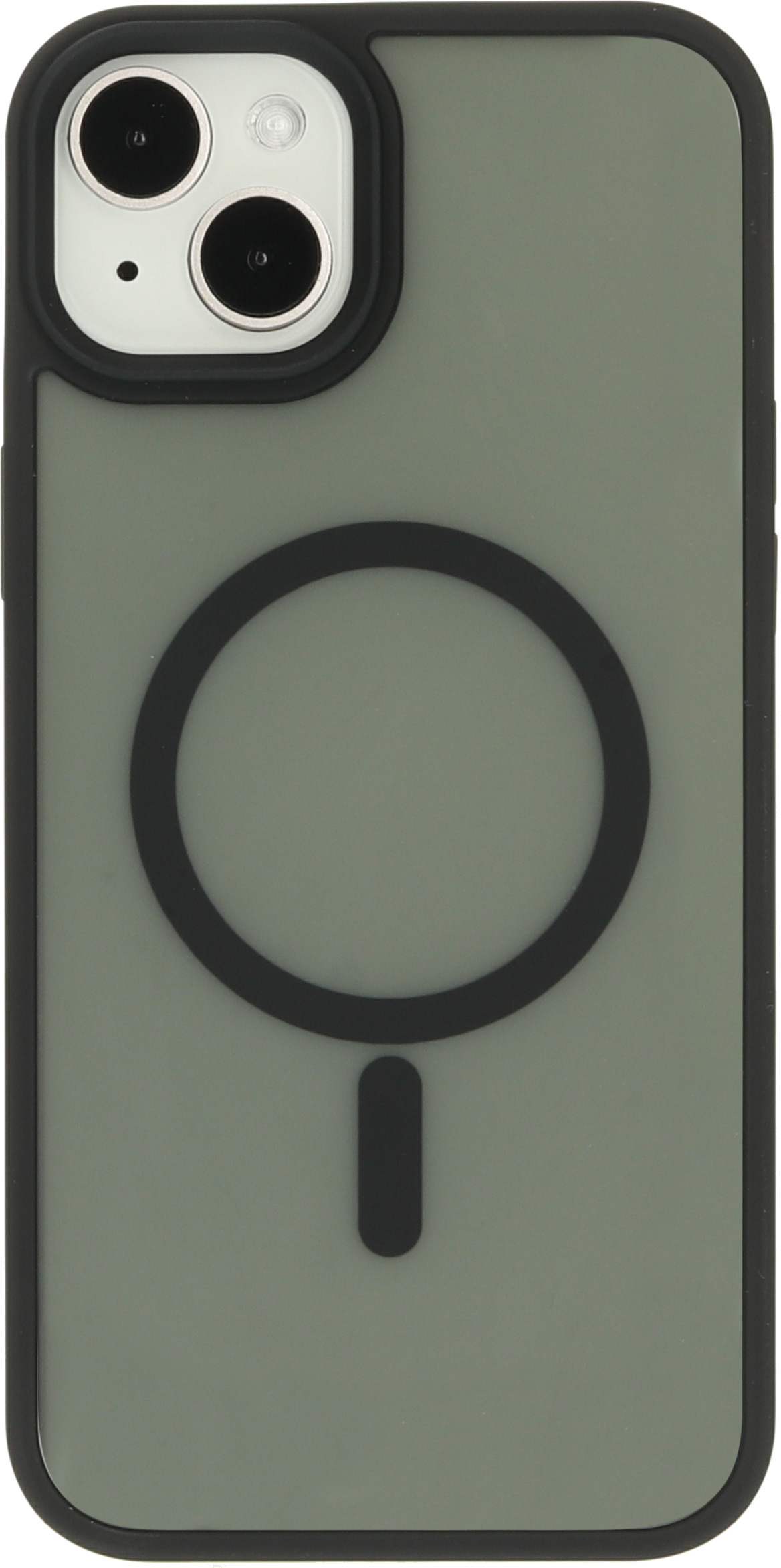 Phone case with a green back and black rim. A circular MagSafe design is present on the back.
