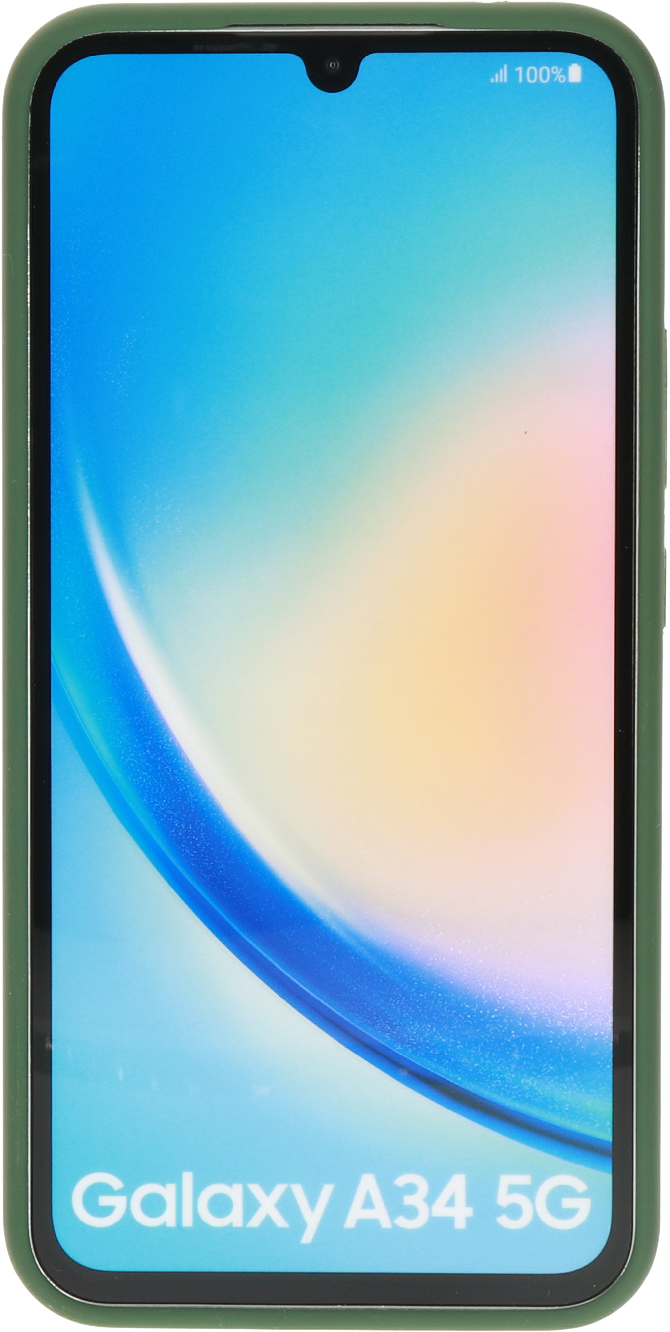 Een telefoon in een groene hoes met een blauwe en gele achtergrond.