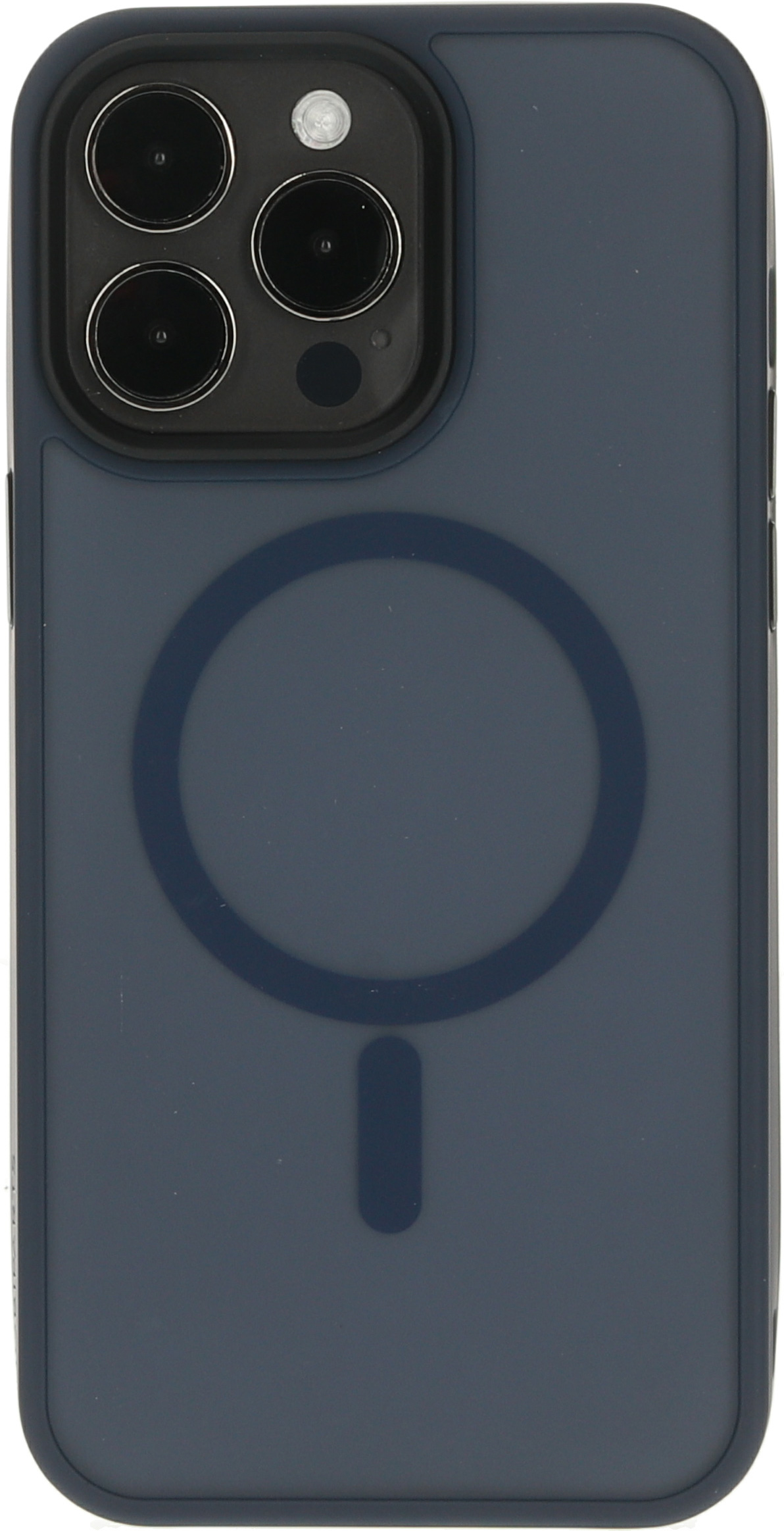 Marineblauwe telefoonhoes met een cirkel- en lijndesign op de achterkant. Het toont de achterkant van de telefoon.