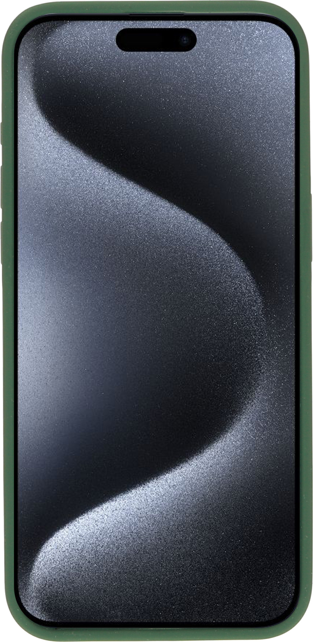 Groene telefoon met scherm met donkergrijs, golvend patroon. Groene hoes.