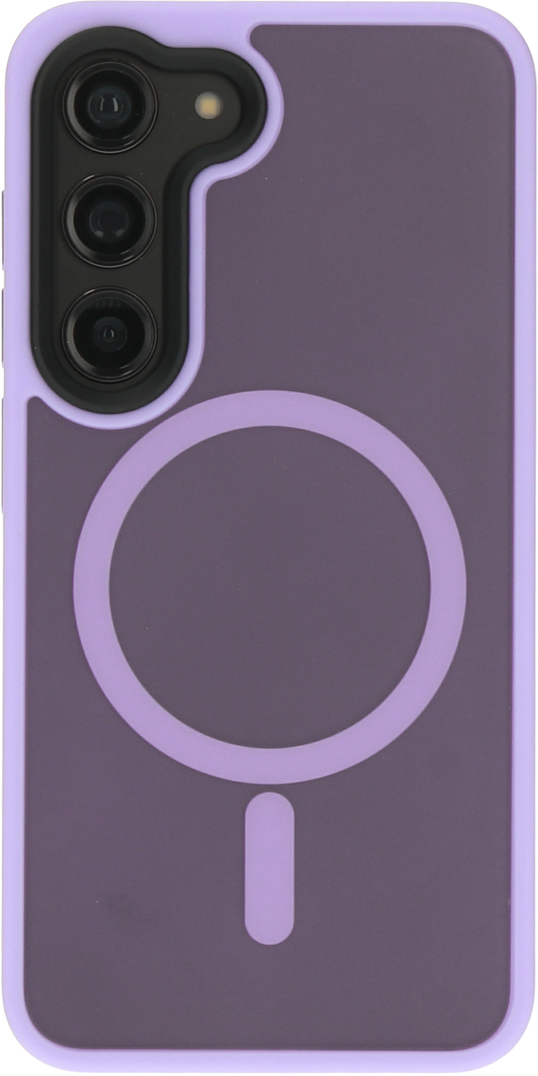 Paarse telefoonhoes met een cirkel en lijn voor magnetische bevestiging.