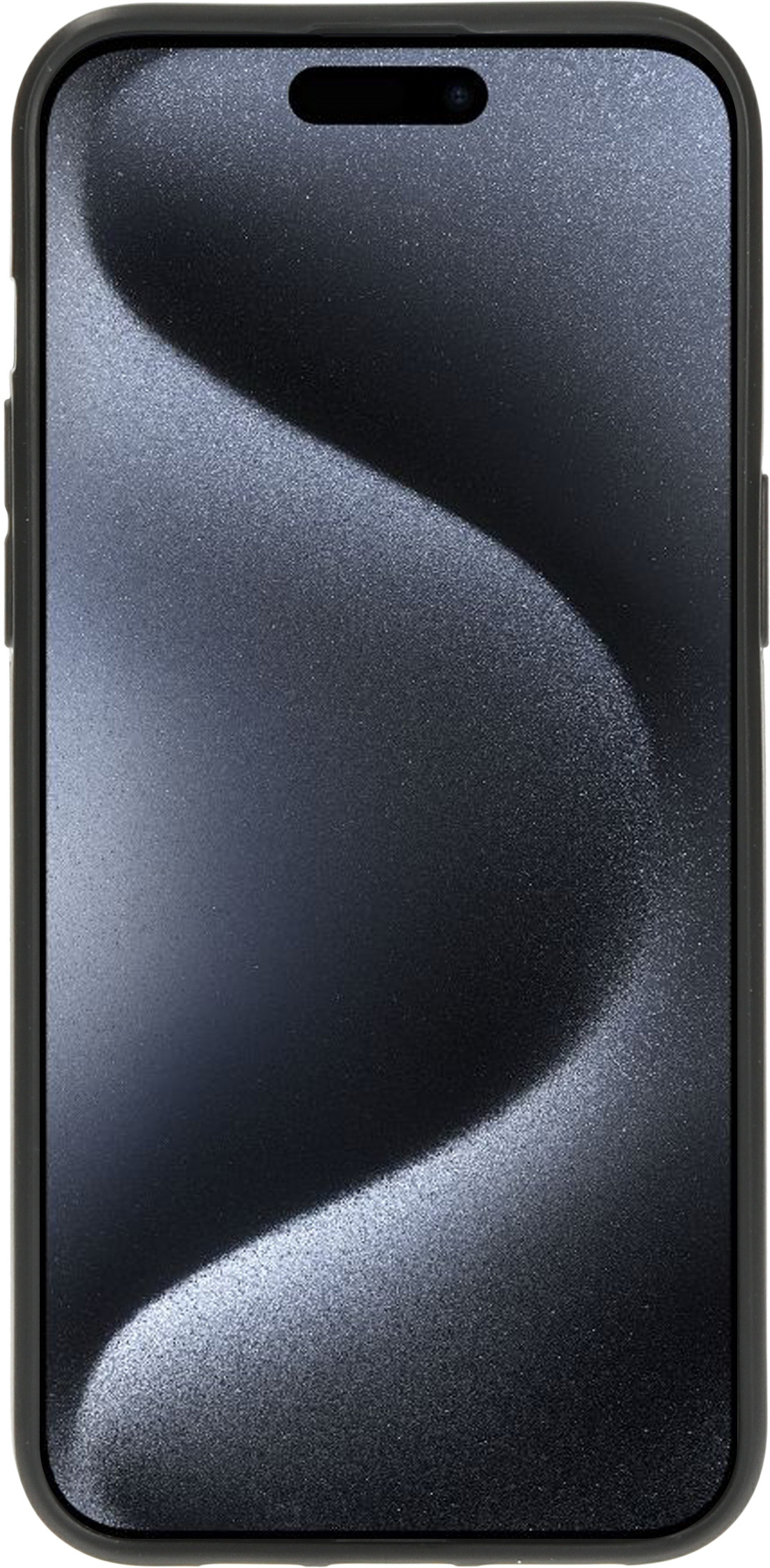Zwarte telefoon in een hoesje. Het scherm is zwart met een golvend ontwerp.