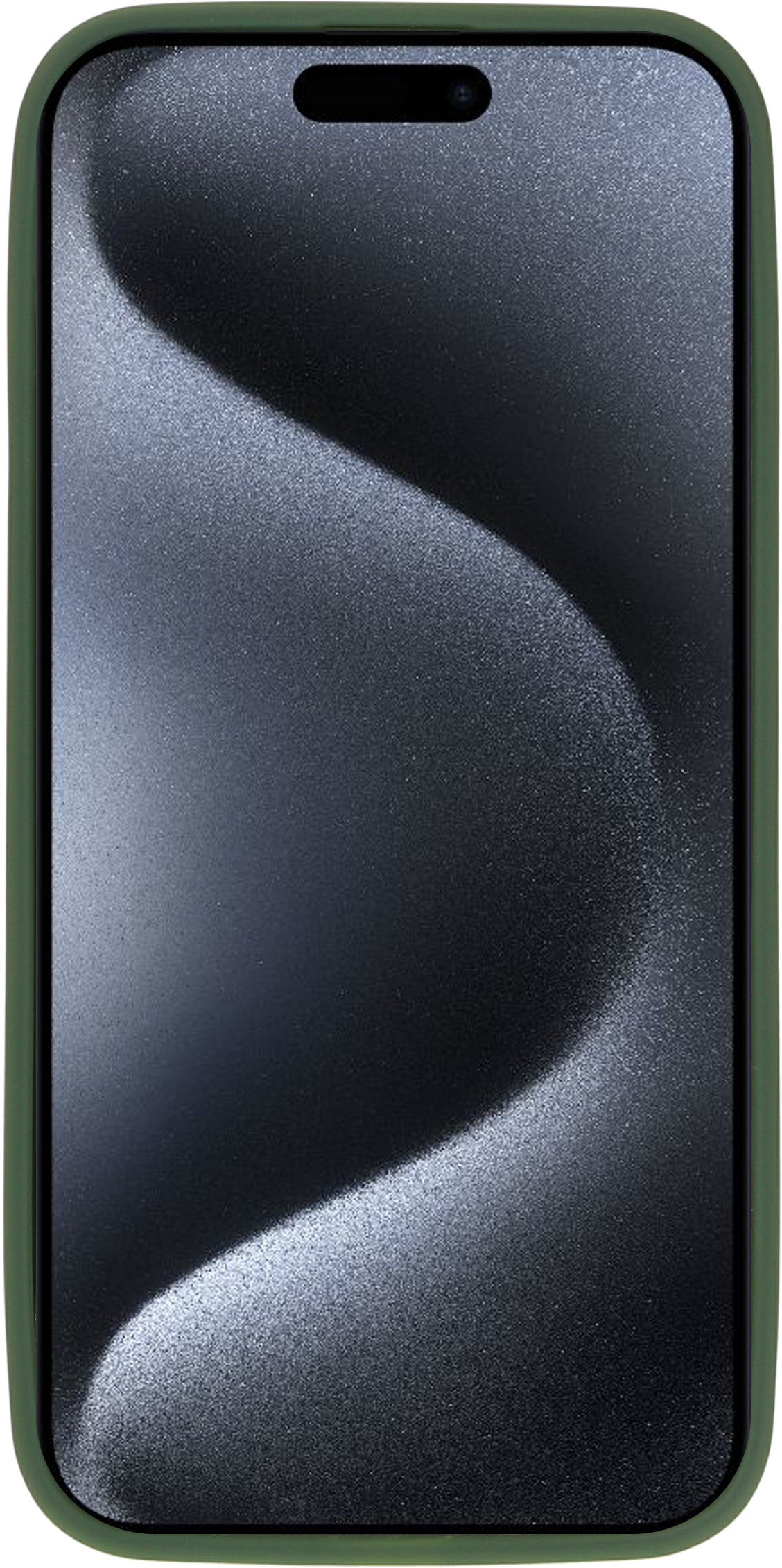 Groene telefoon in een hoes, met een donkergrijs, golvend patroon op het scherm.