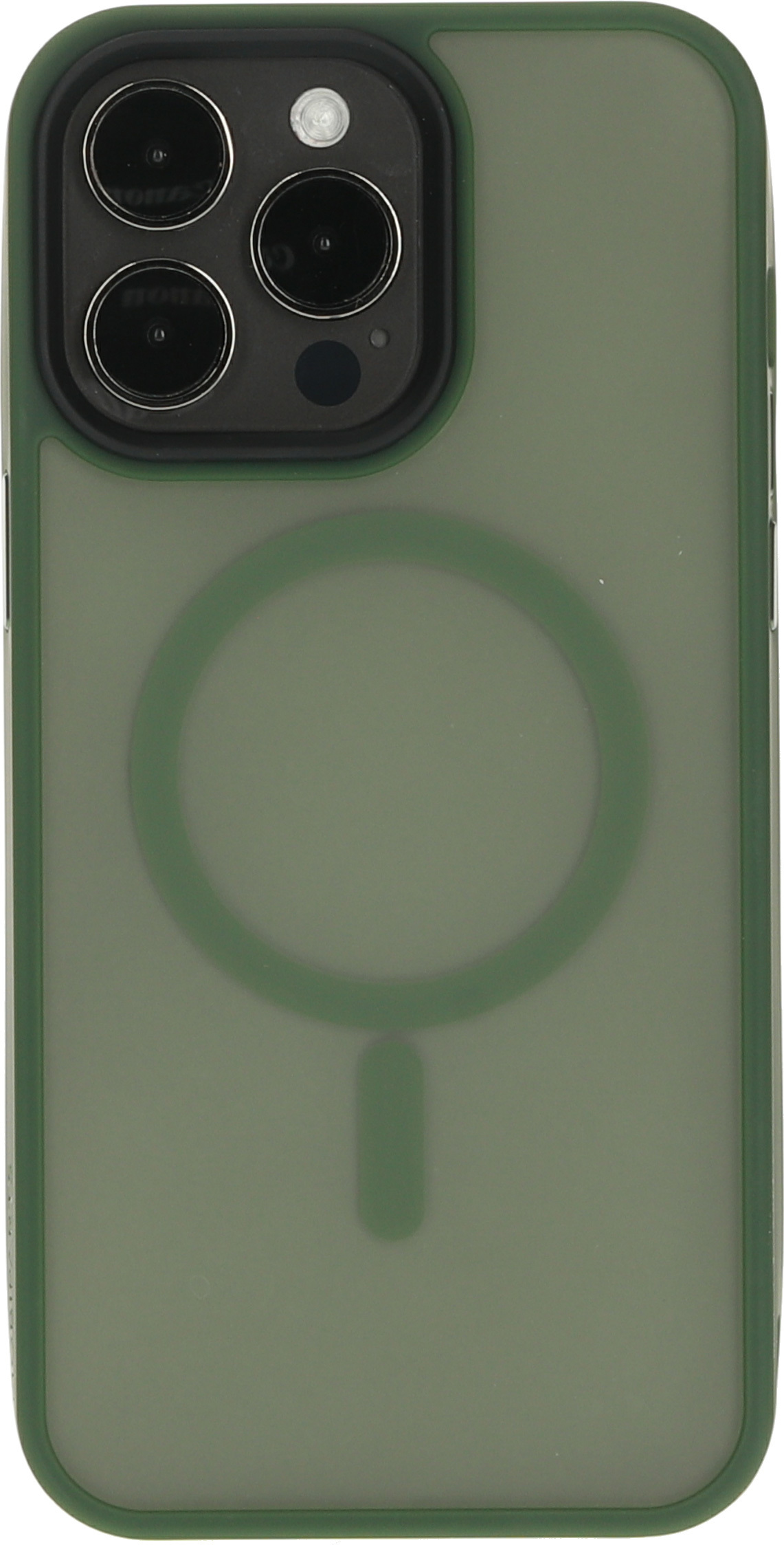 Een groene telefoonhoes met een groot, groen, cirkelvormig ontwerp op de achterkant.