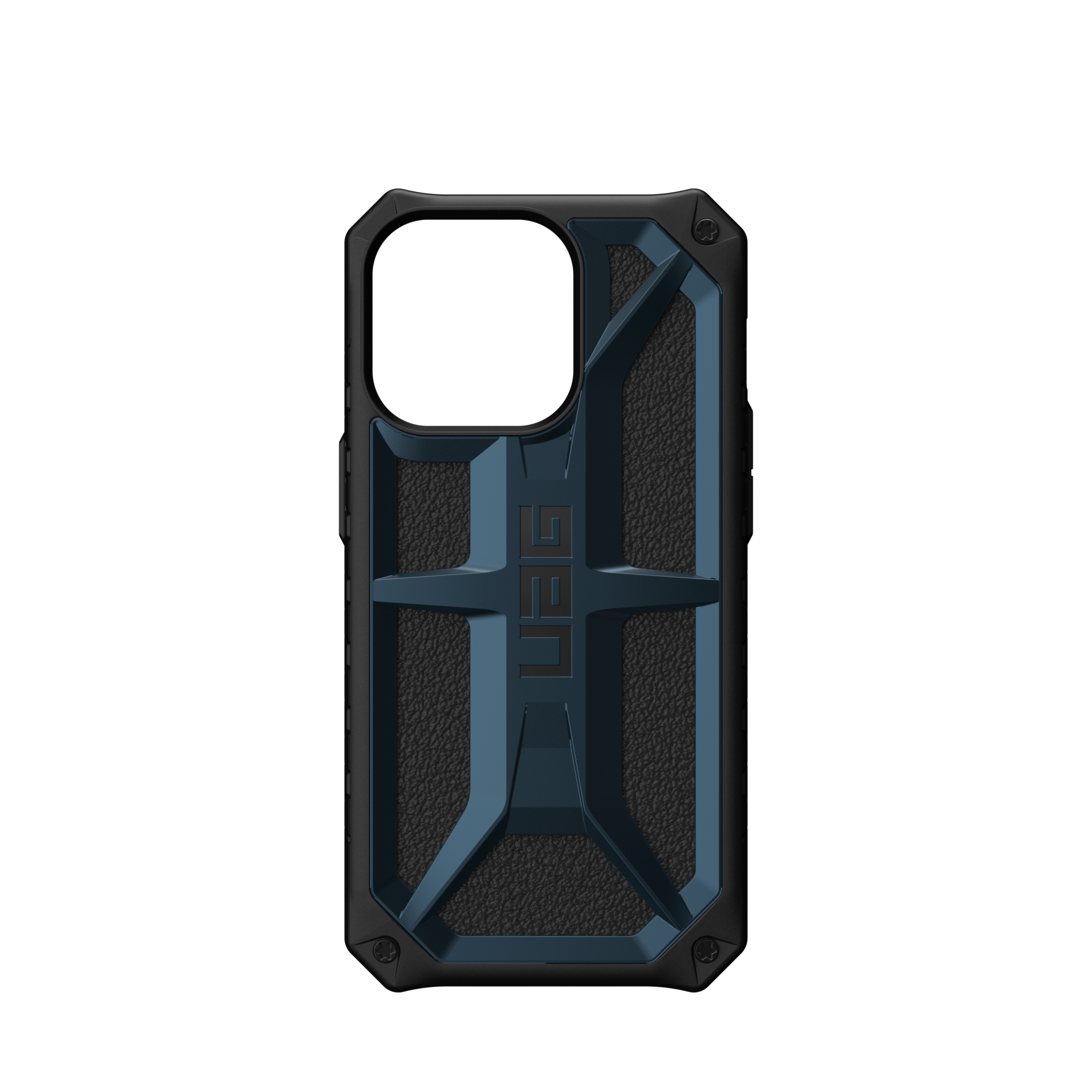 Eine schwarz-blaue Handyhülle mit robustem Design und UAG-Logo. Auf weißem Hintergrund.
