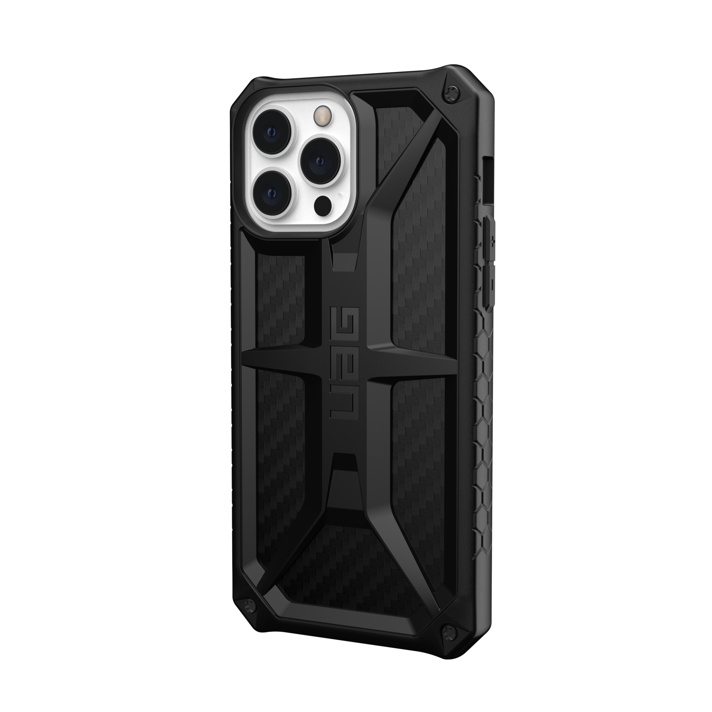 Eine schwarze Handyhülle mit schwarzem Design, UAG-Logo und Kameraausschnitten.