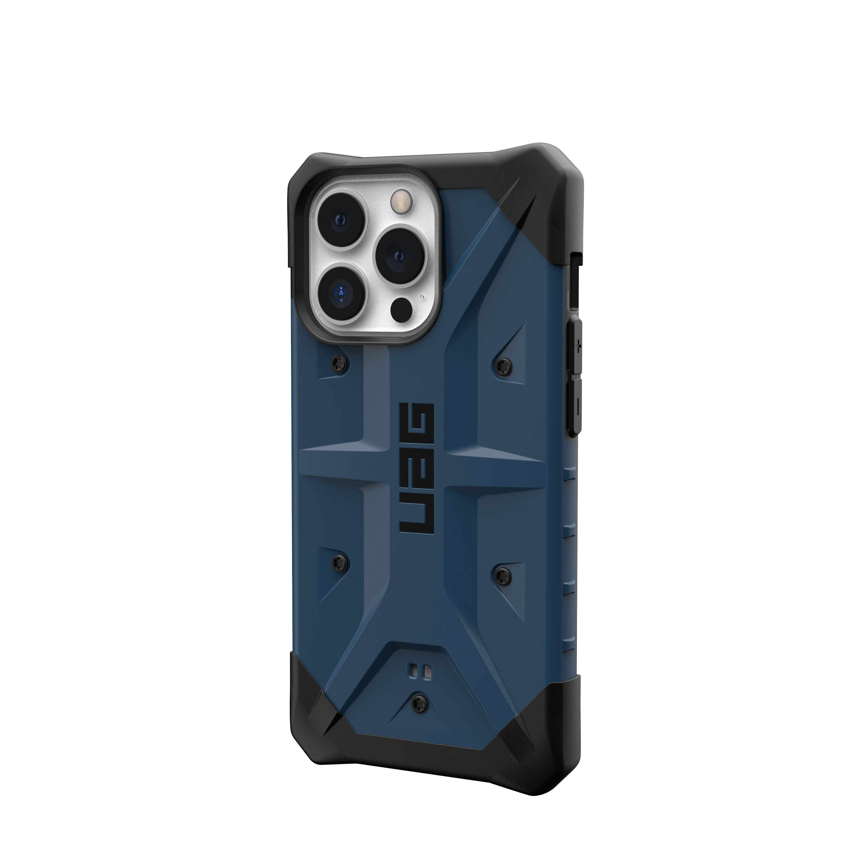 Blau-schwarze Handyhülle mit strukturiertem Design. Das UAG-Logo ist sichtbar.