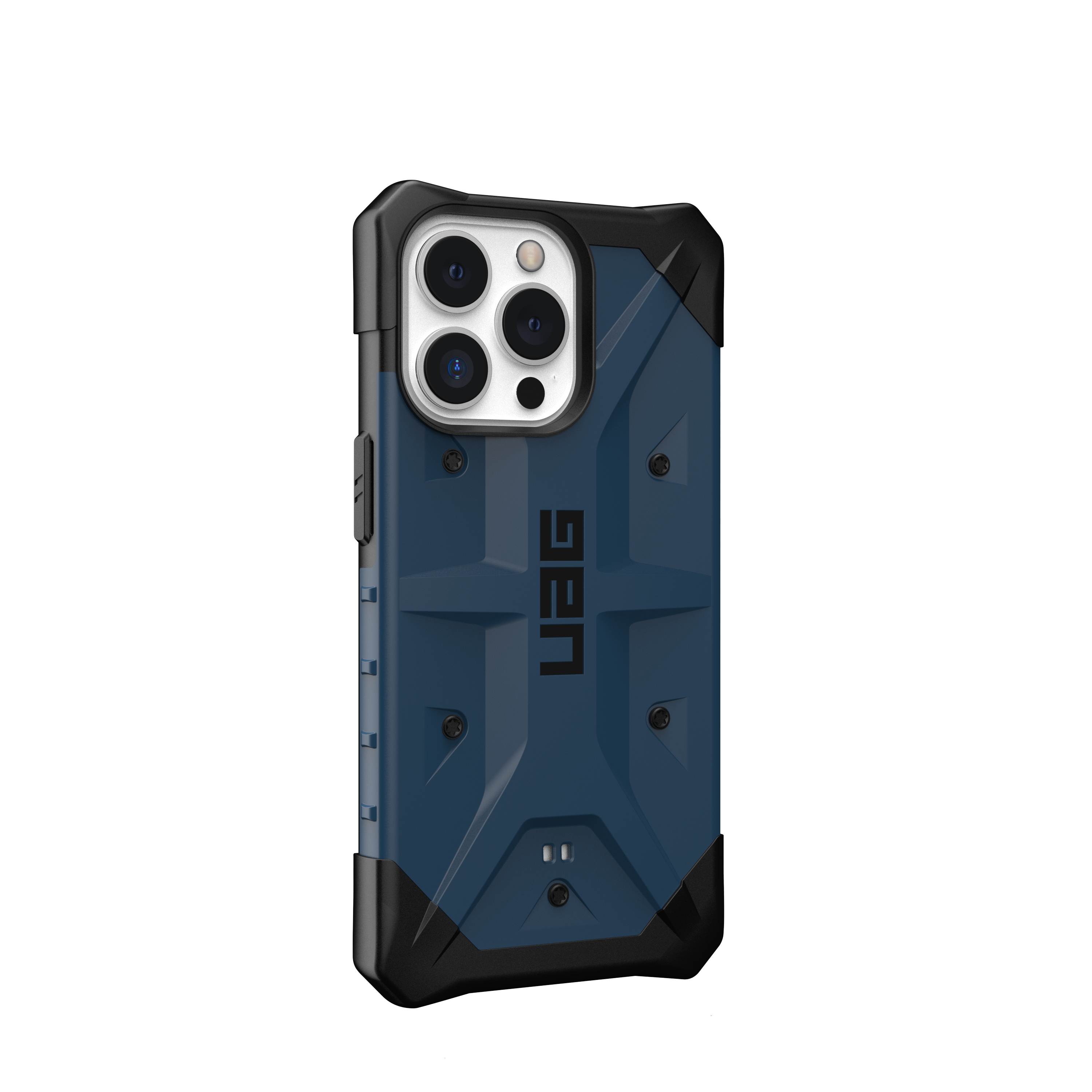Eine blau-schwarze Handyhülle mit Kameraaussparung, zeigt das UAG-Markenlogo.