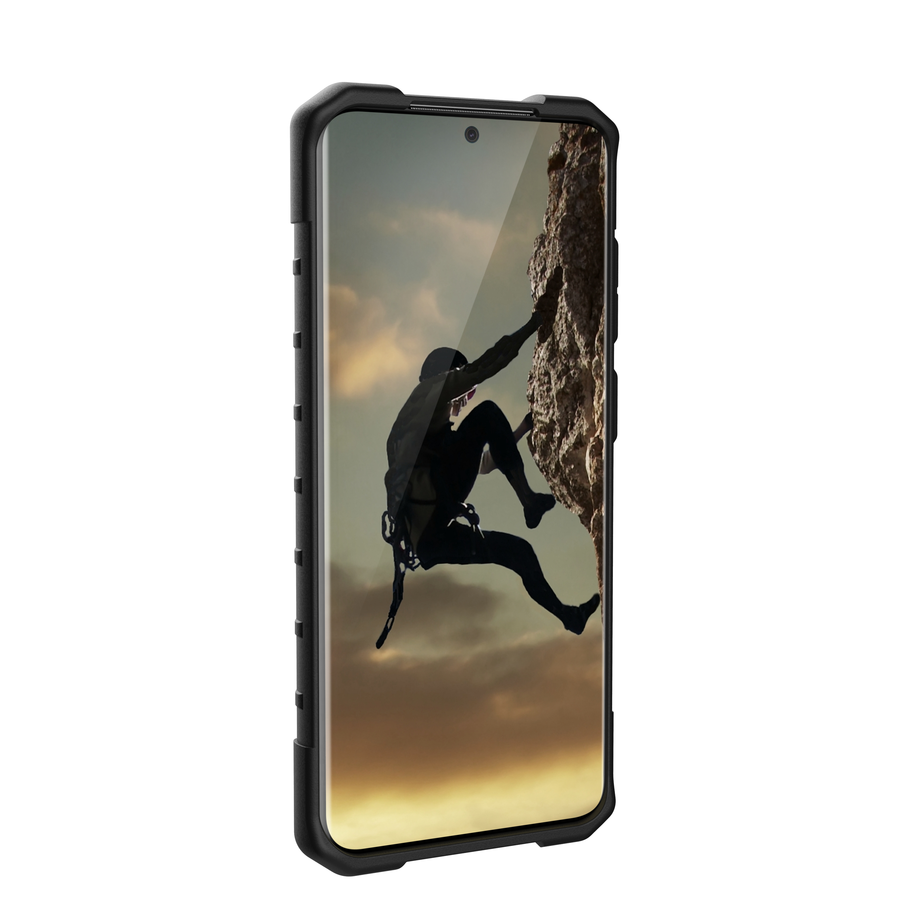Eine schwarze Handyhülle mit einem Kletterer an einer Felswand ist an einem Telefon befestigt.
