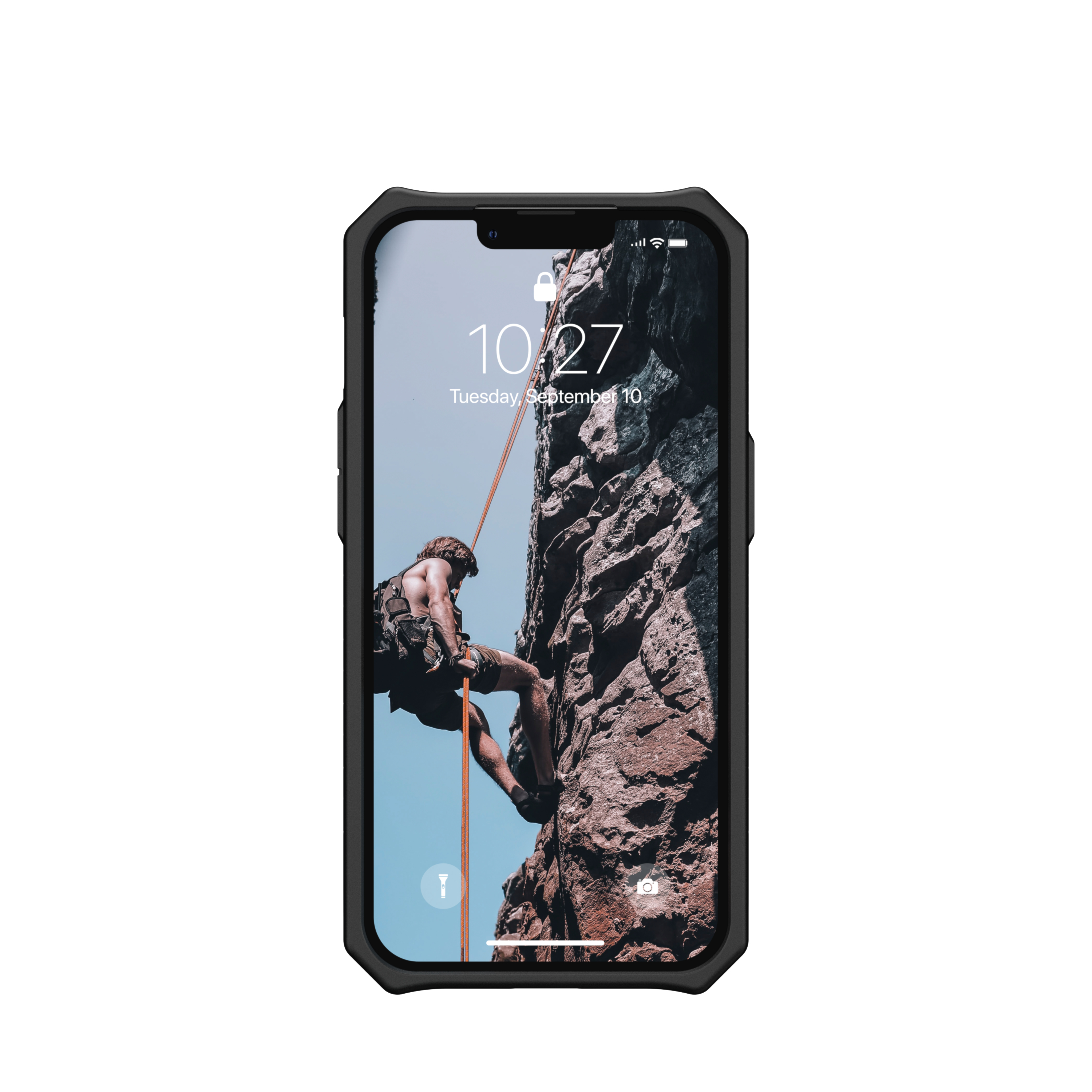 Ein Telefon mit einem Bildschirm, der einen Kletterer auf einem Felsen zeigt, in einer schwarzen Hülle.