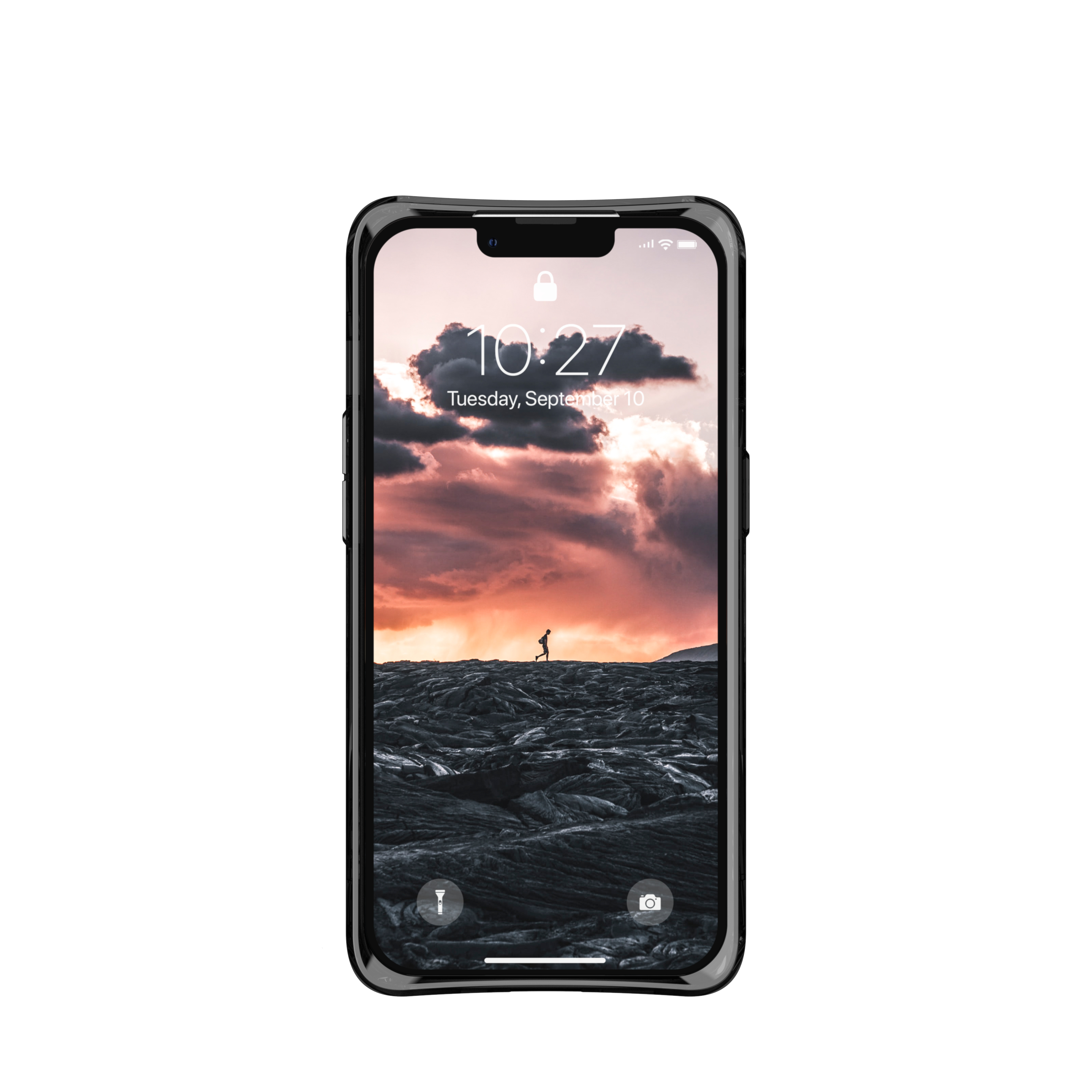 Pantalla de smartphone mostrando un paisaje con una persona caminando bajo un cielo nublado.