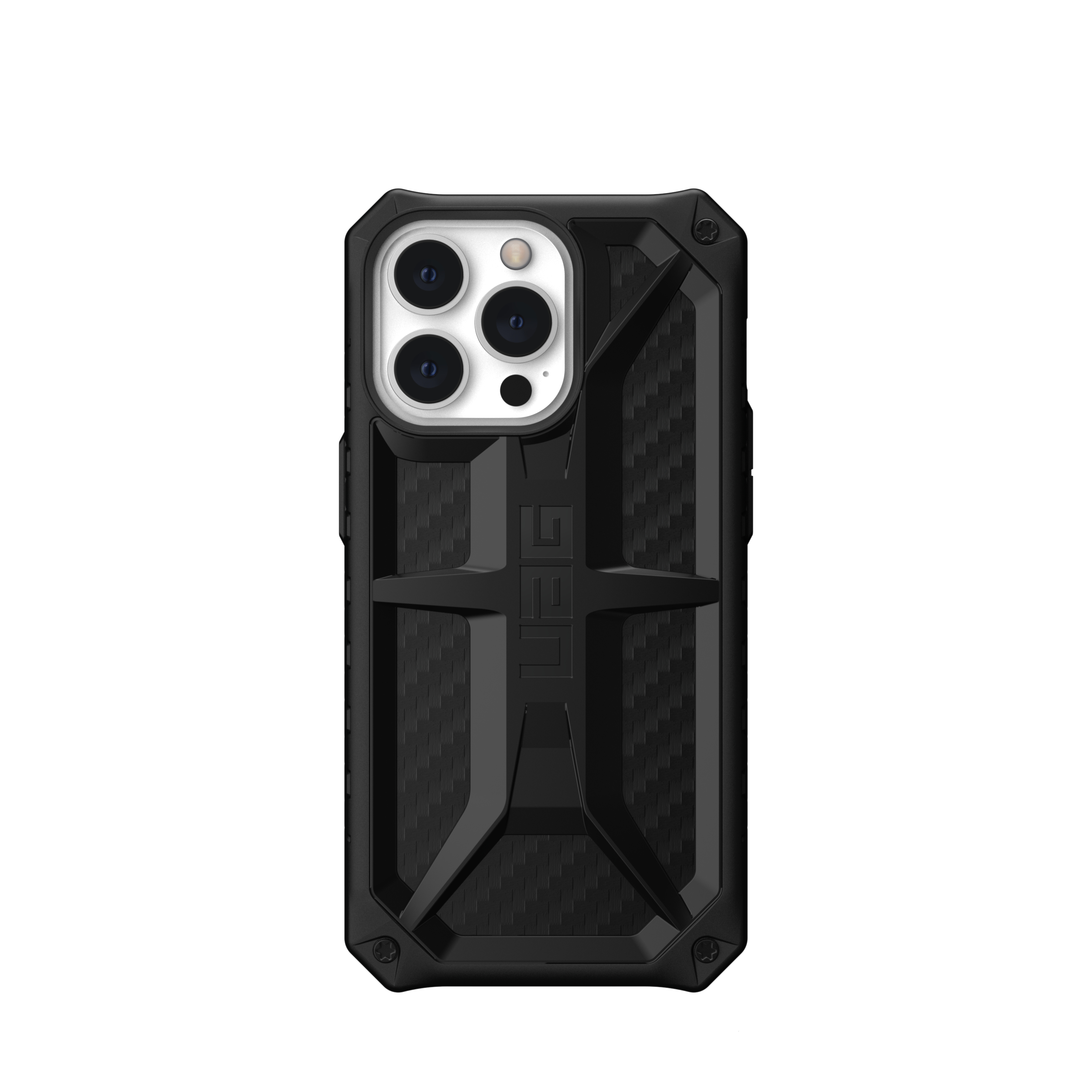 Schwarze Handyhülle mit robustem Design. Die Hülle hat ein strukturiertes Muster und UAG-Logo.