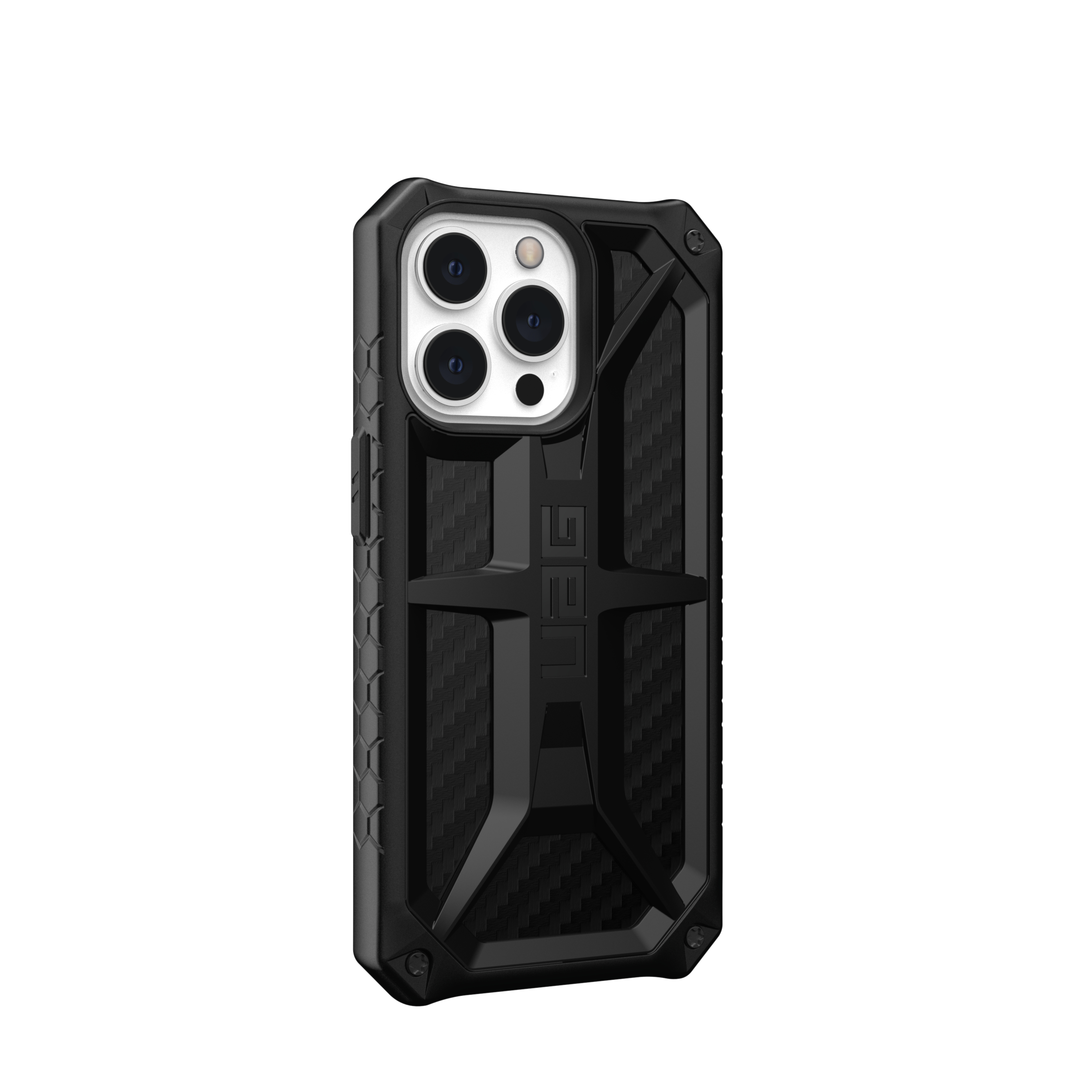 Eine schwarze UAG-Handyhülle mit robustem Design und strukturiertem Muster, vor weißem Hintergrund.