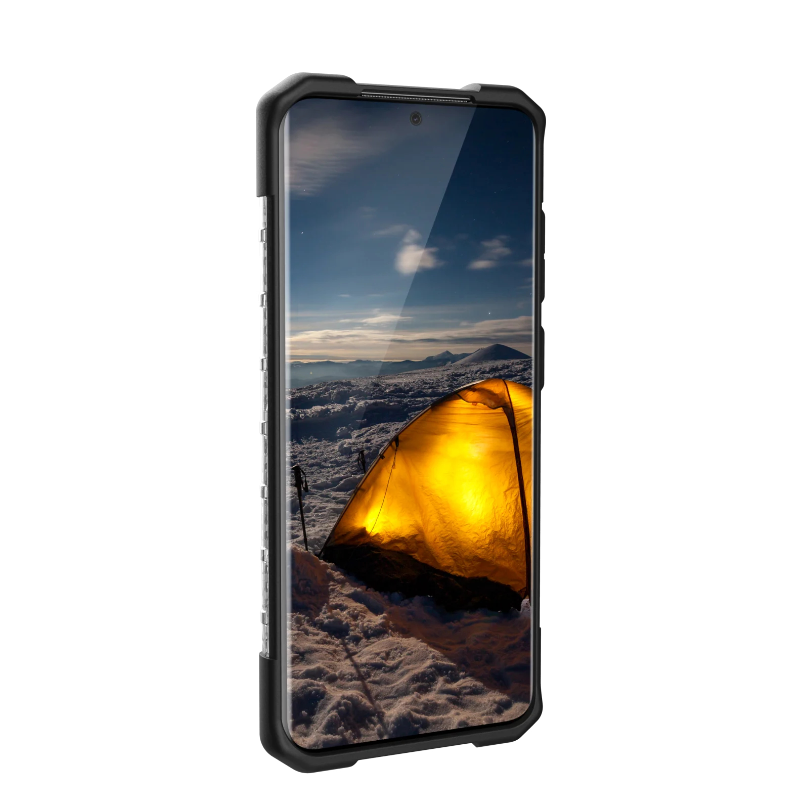 Handyhülle mit einem Telefon, das eine Nachtszene mit einem beleuchteten Zelt im Schnee zeigt.