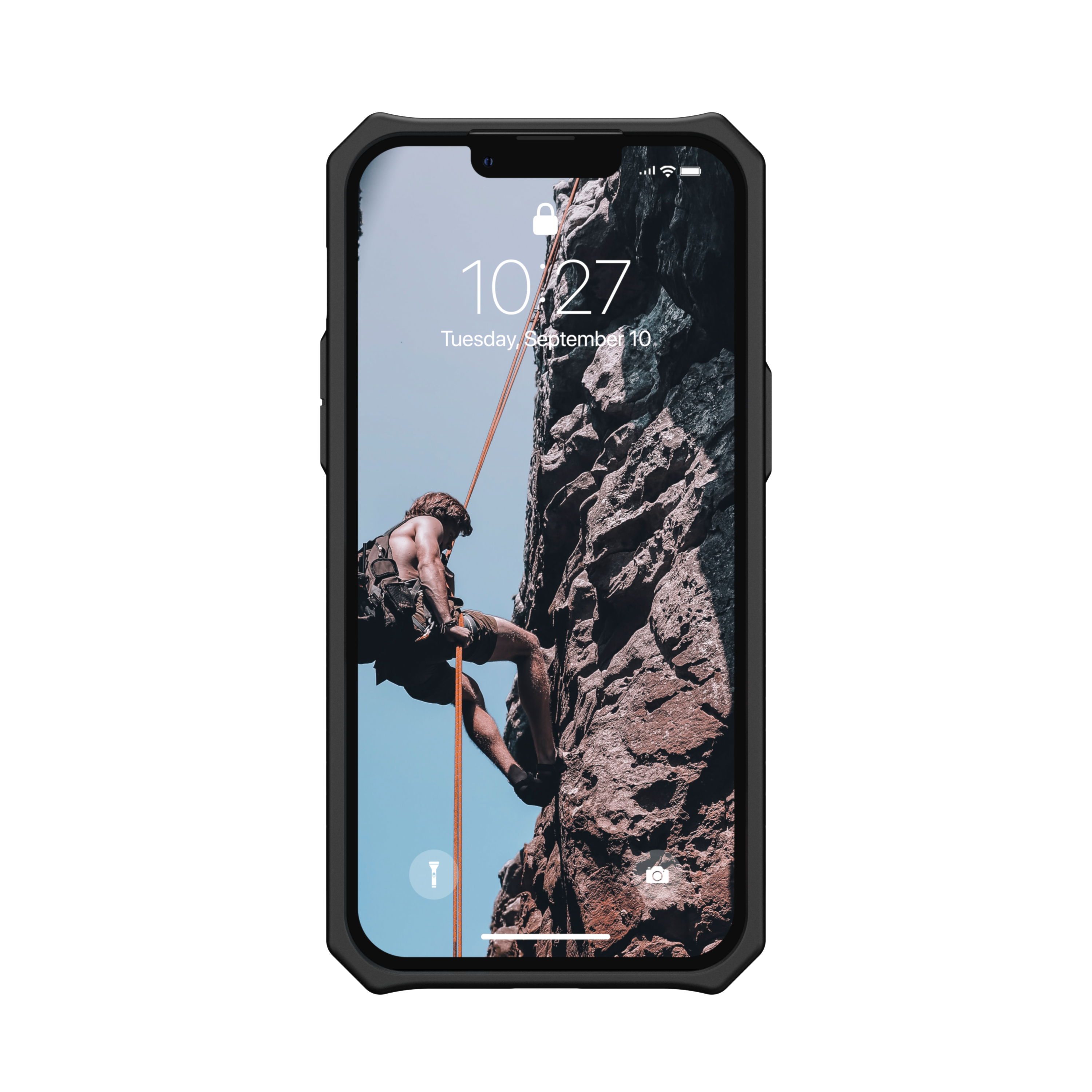 Ein Telefon in einer schwarzen Hülle, das einen Kletterer zeigt, der eine Felswand erklimmt.