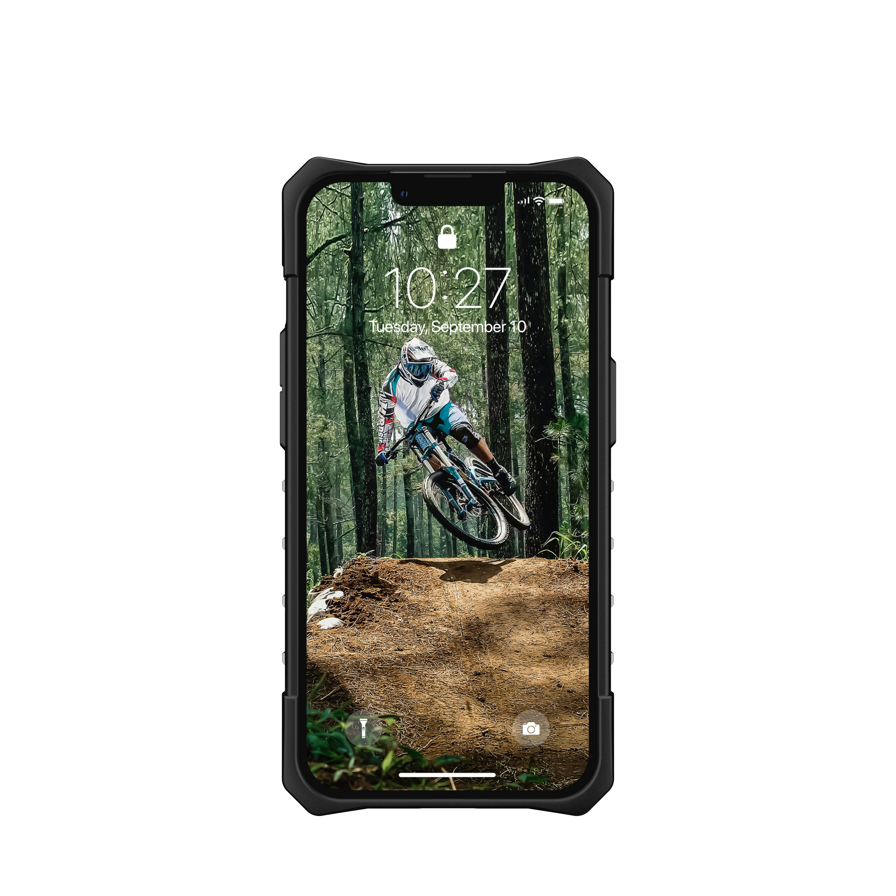 Telefon in einer Hülle mit einem Mountainbiker auf dem Bildschirm. Die Hülle ist schwarz und robust.