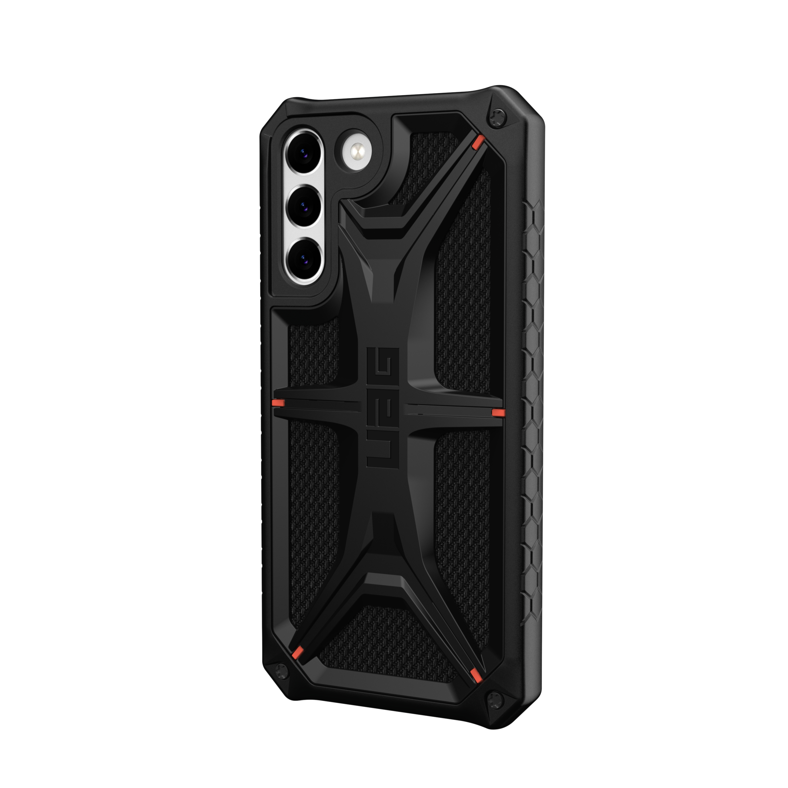 Schwarze Handyhülle mit robustem Design. Mit UAG-Logo, Kamera und Knöpfen. Orange Akzente.