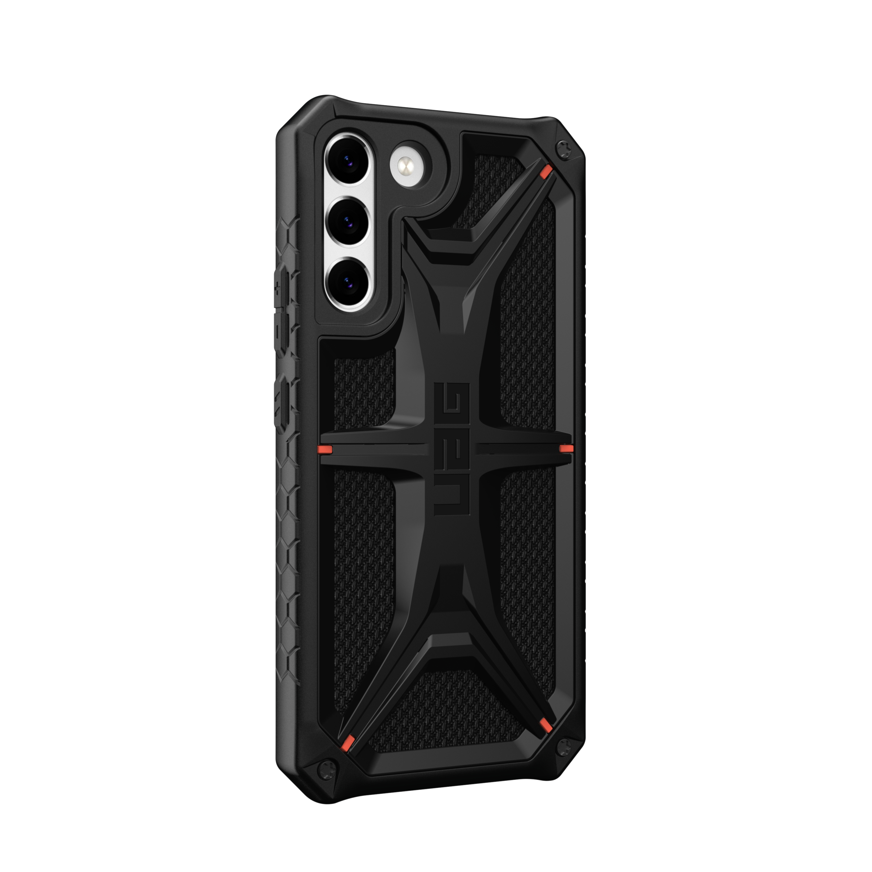 Schwarze Handyhülle mit robustem Design. Verfügt über Kameraausschnitte, UAG-Logo und orangefarbene Akzente.