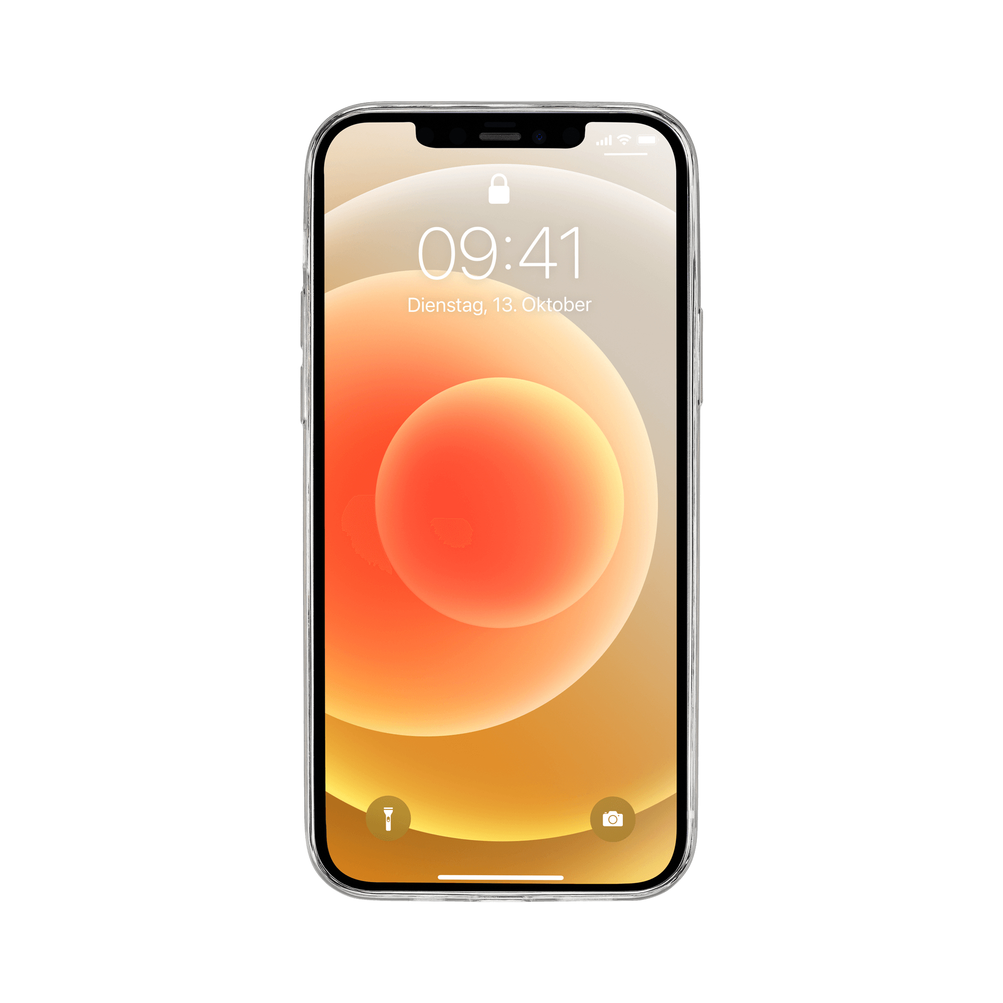 Primo piano di un iPhone. Lo schermo mostra l'ora e la data su uno sfondo colorato.