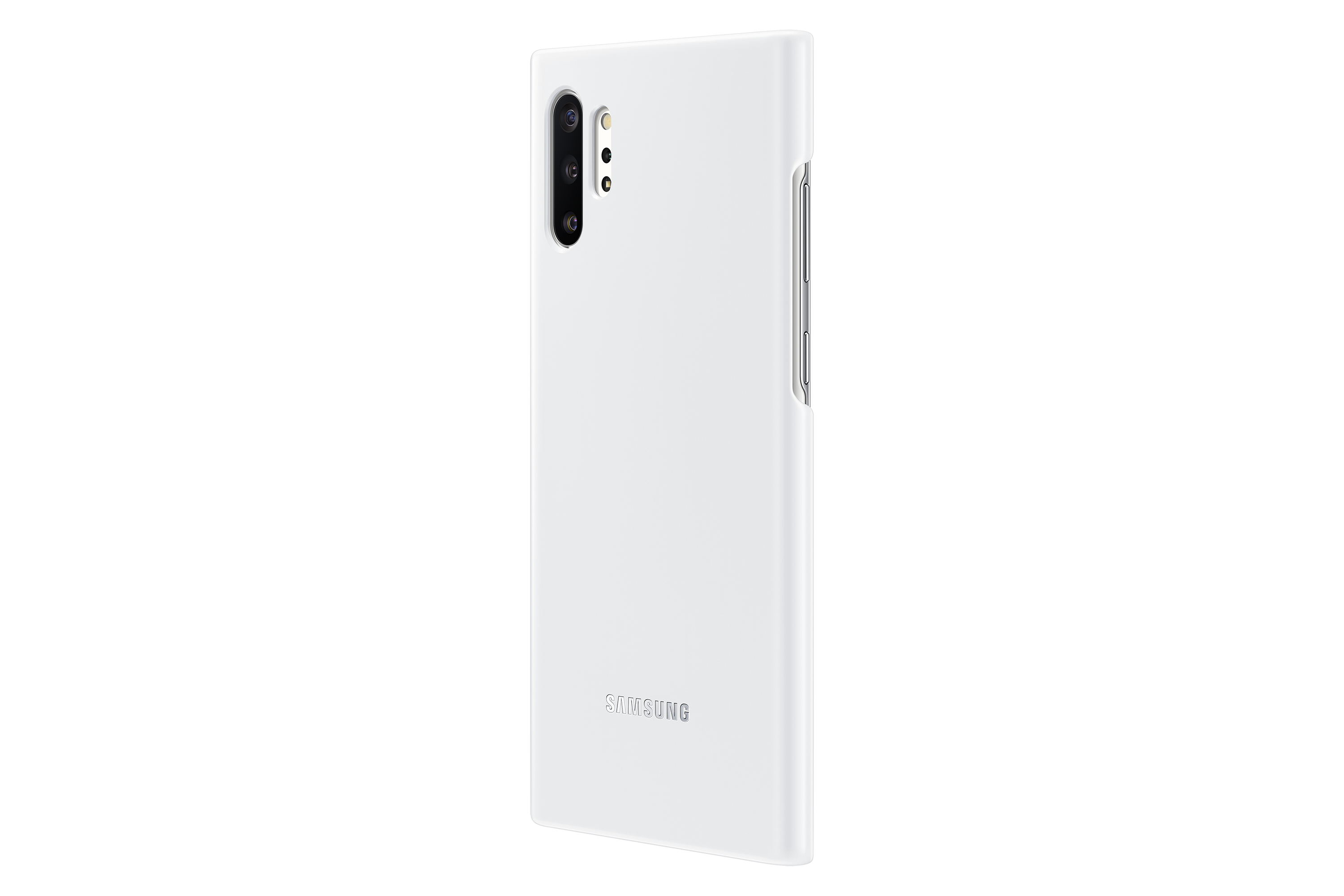 Eine weiße Handyhülle mit weißem Samsung-Logo auf weißem Hintergrund. Das Telefon hat eine Kamera.