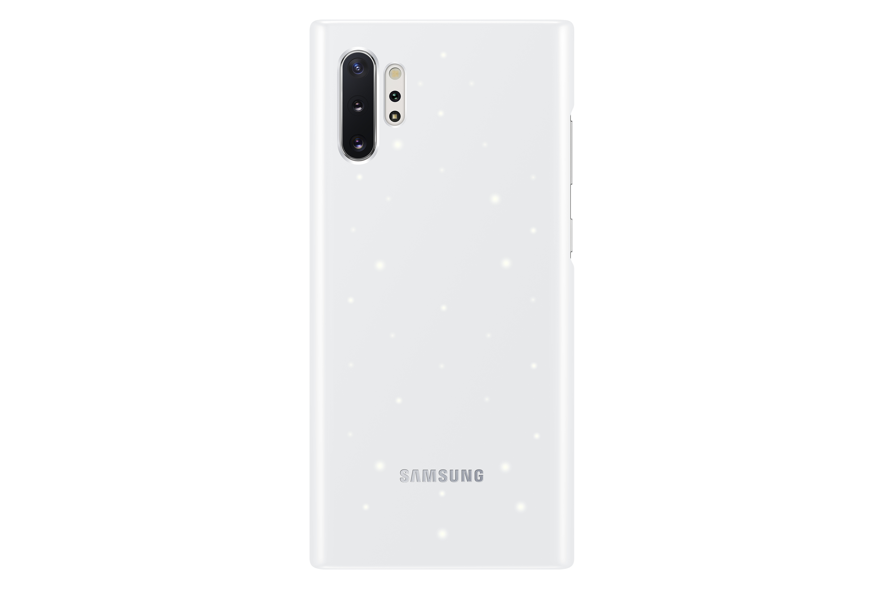 Weißes Telefon mit mehreren Kameras. Rückseite eines weißen Samsung-Telefons mit weißen Punkten. Auf weißem Hintergrund.