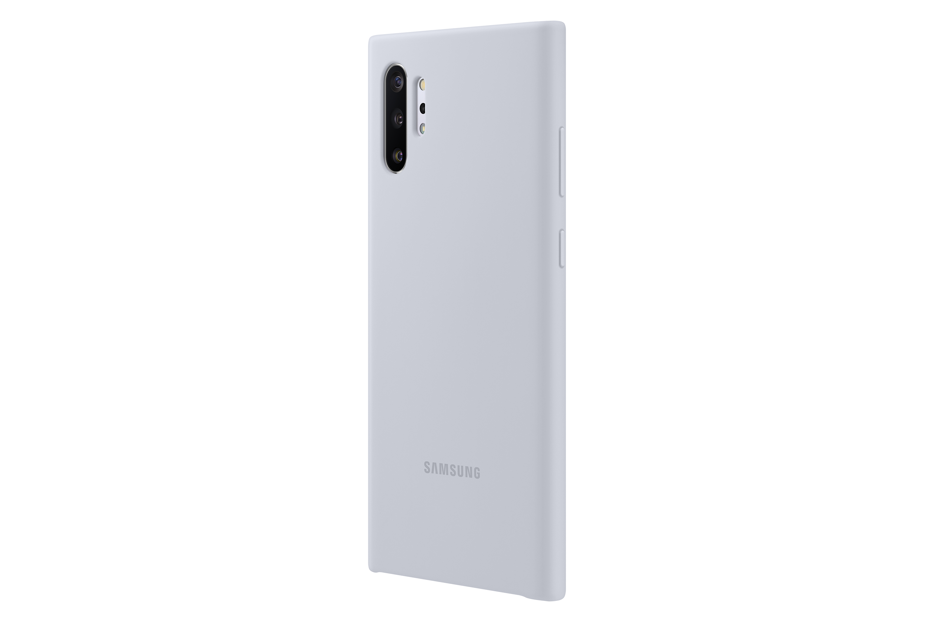 Custodia grigio chiaro con il logo Samsung e tre fori per la fotocamera, su sfondo bianco.
