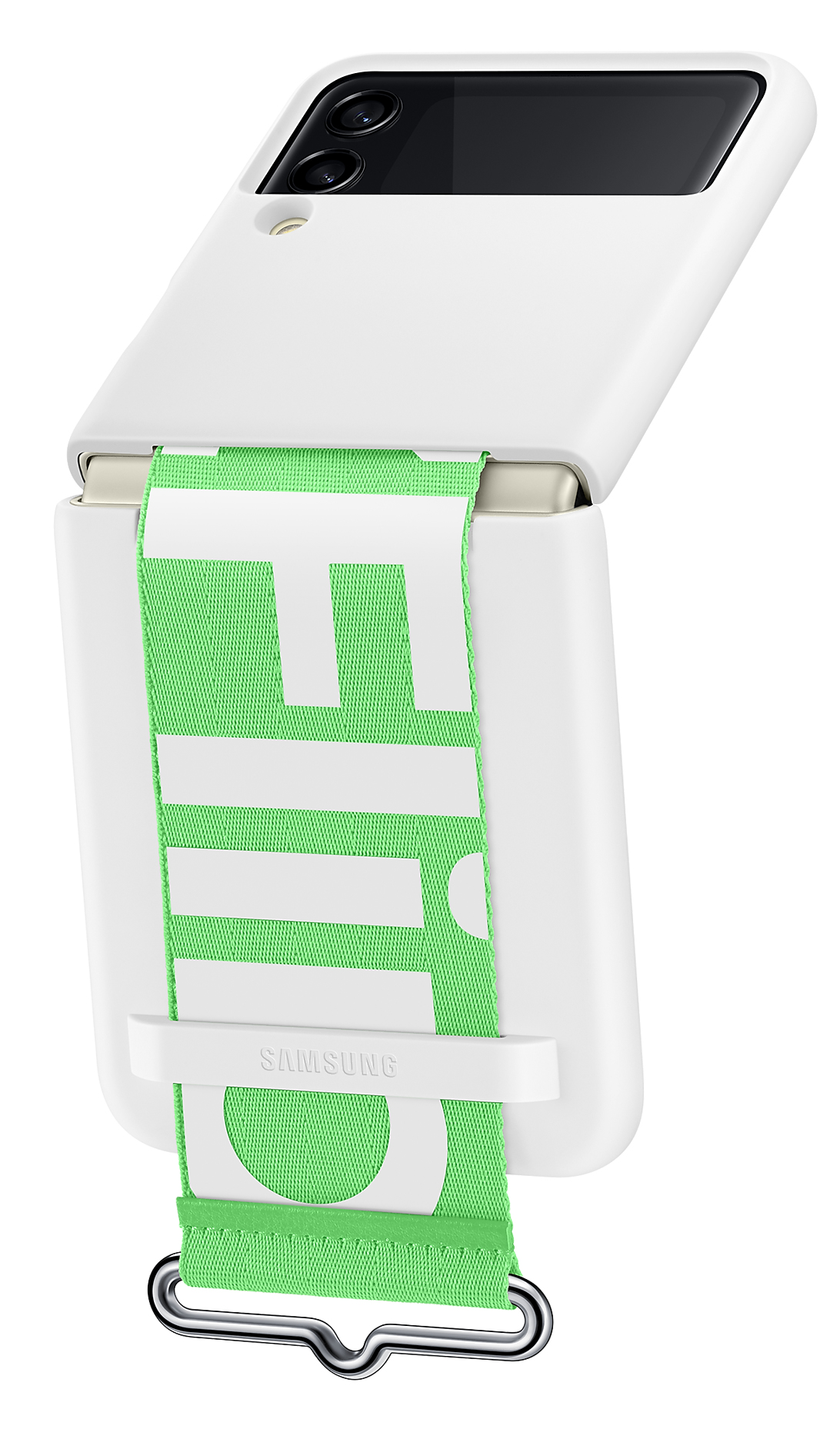 Białe etui na telefon z zielonym paskiem, z napisem 'LIFE' w kolorze białym.