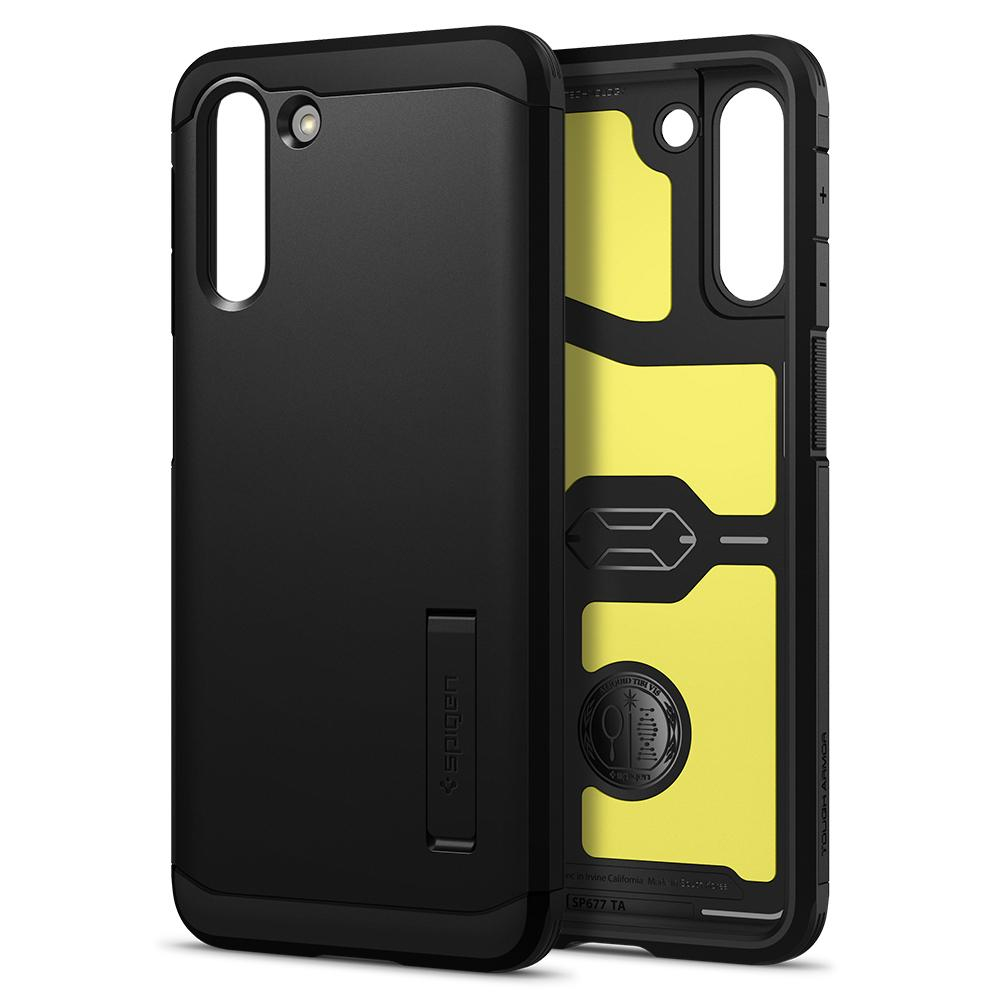 Telefono nero con custodia e cavalletto. Lo schermo mostra uno sfondo colorato. La cornice è nera.