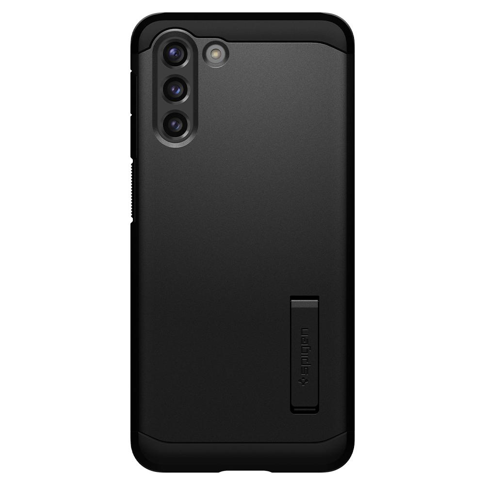 Custodia nera con fori per fotocamera e cavalletto con logo Spigen.