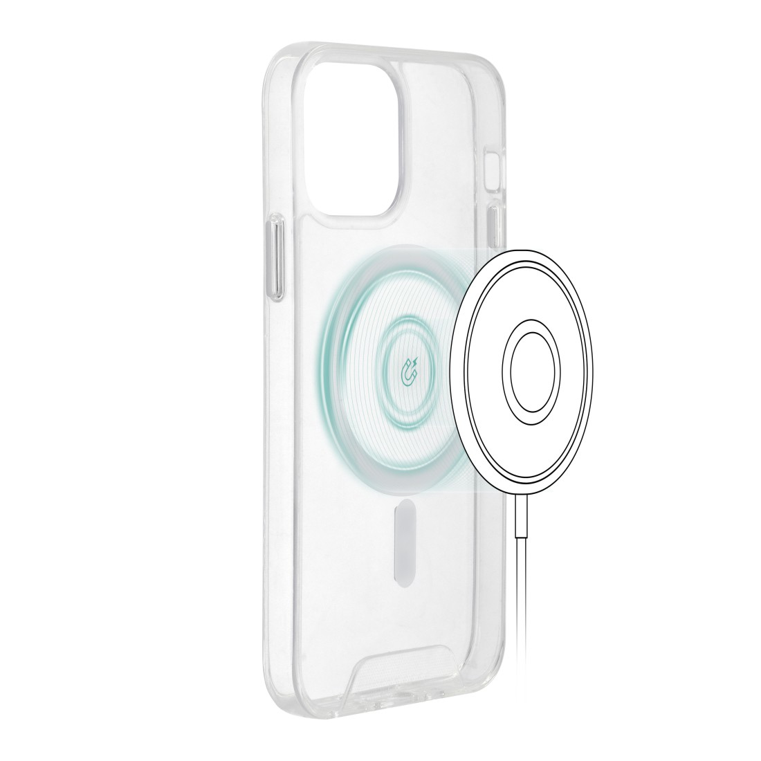 Przezroczyste etui na telefon z symbolem ładowania magnetycznego.