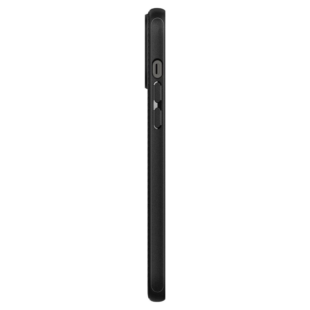 Schwarze Handyhülle Seitenansicht. Die Hülle zeigt Knöpfe und Kameradetails. Sie ist schlicht und elegant.