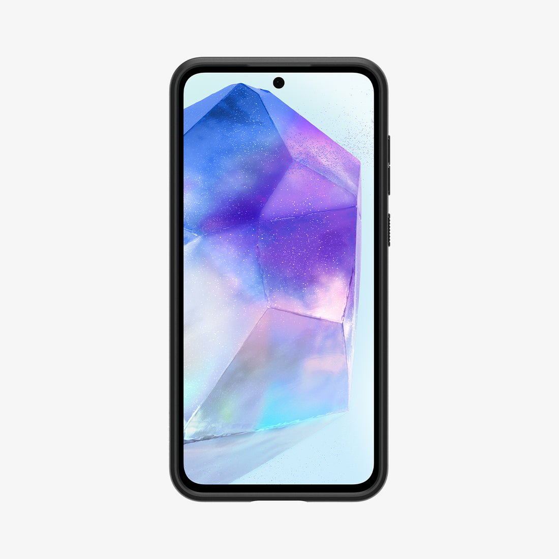 Telefon na białym tle. Ekran wyświetla abstrakcyjny wzór przypominający kryształ.