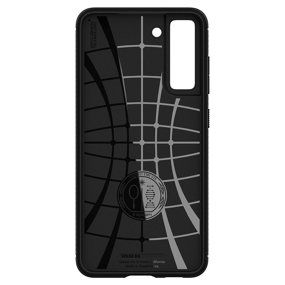 Een zwarte telefoonhoes toont een zwart inzetstuk met grijze lijnen op een wit oppervlak.